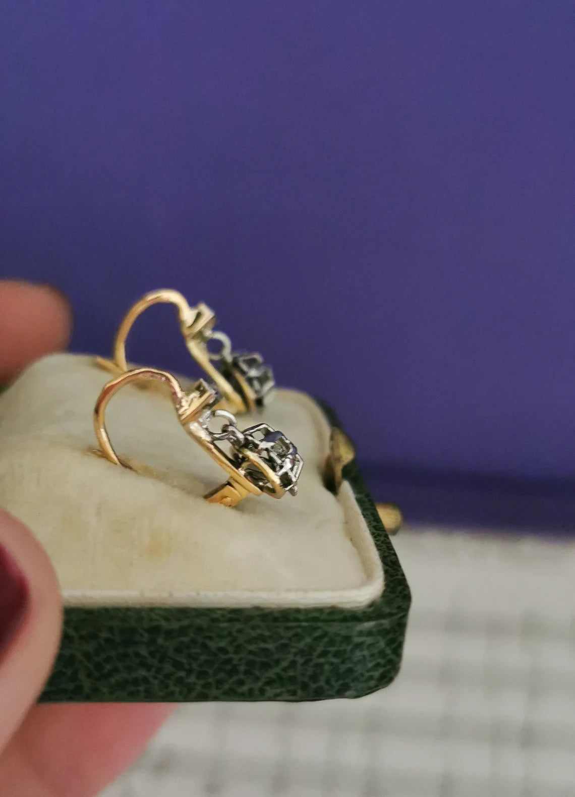 1930s 18K Diamond Earrings Art Deco Earrings 18k Drop Earrings Antique French Sleeper Earrings Antique Diamond earrings gift for her