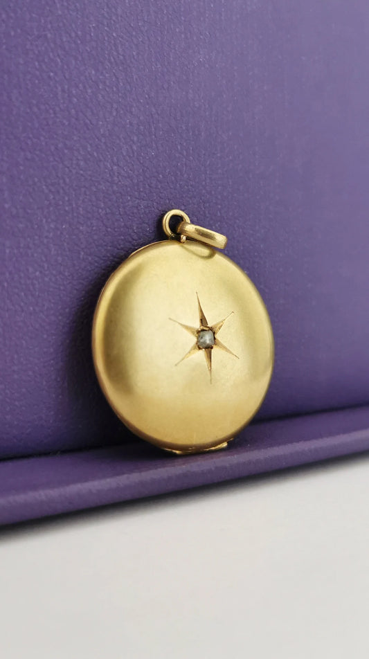 Antique 18K Gold and diamond 1910 Edwardian locket Gold locket starburst locket Gold Photo holder gift for her