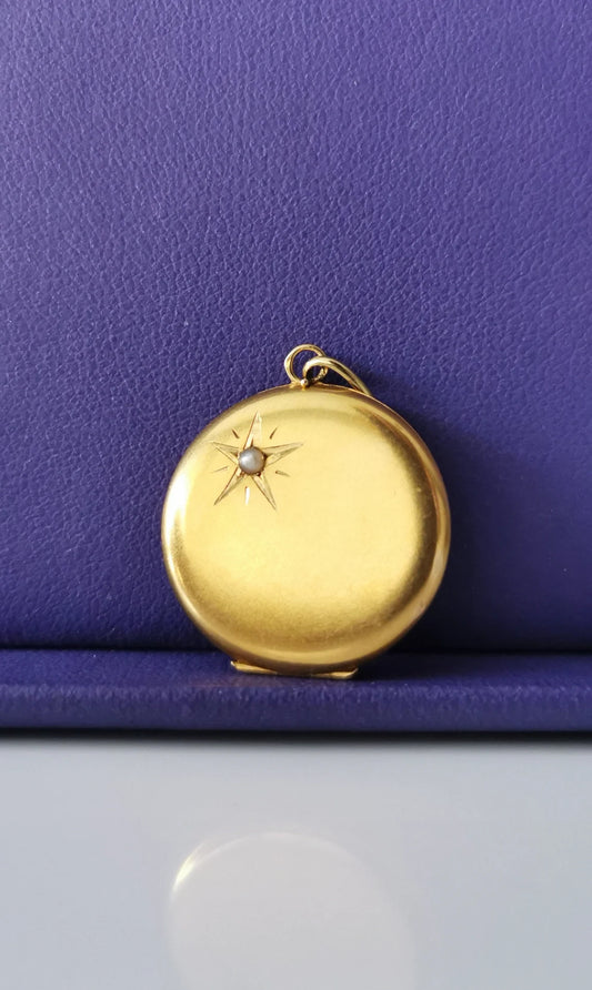 Antique 18K Gold and pearl 1910 Edwardian locket Gold locket starburst locket Gold Photo holder Vintage locket gift for her