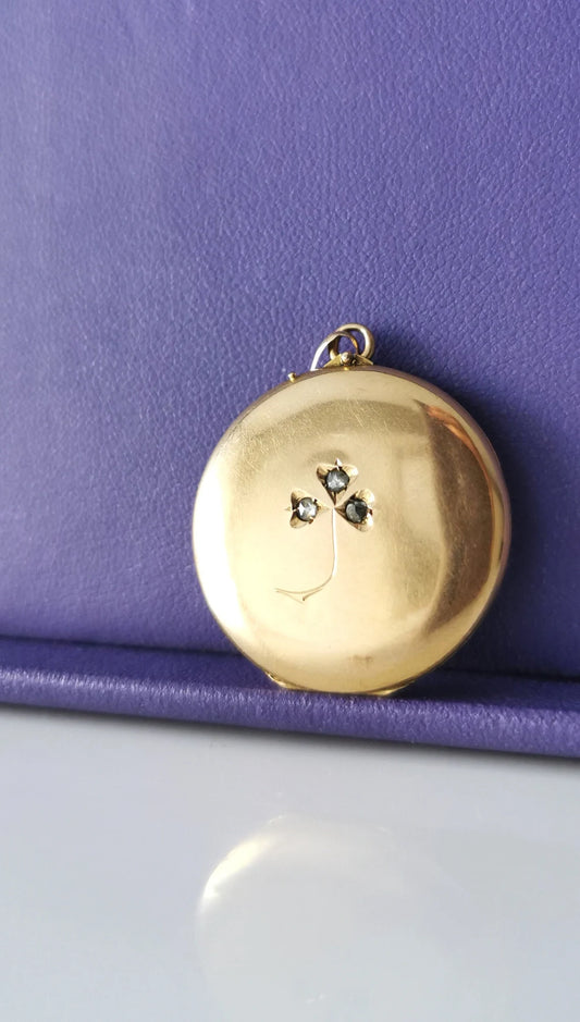 Antique Diamond 18K Gold Clover 1890 Art Nouveau locket Antique French lucky Gold locket Gold Photo holder gift for her