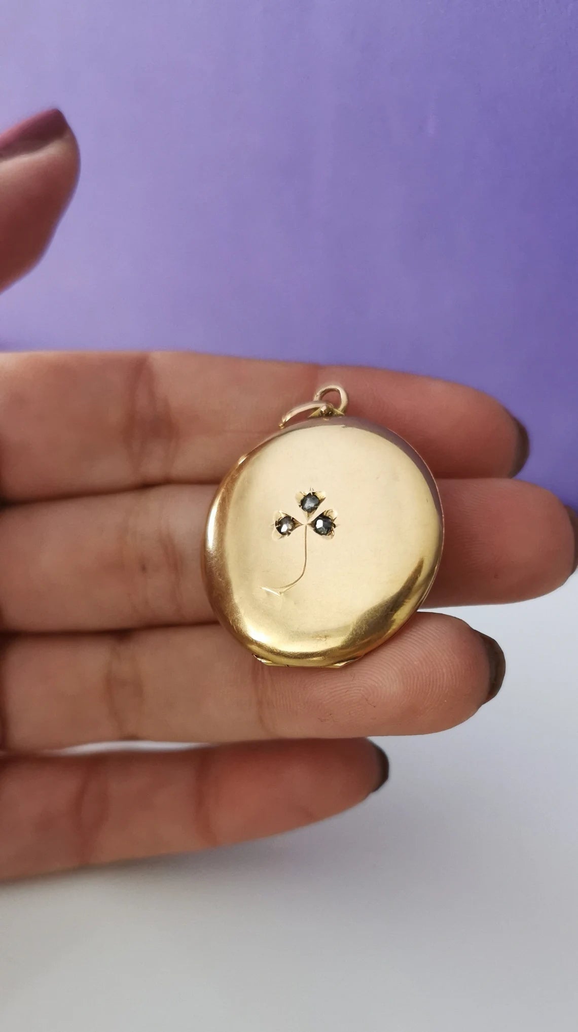 Antique Diamond 18K Gold Clover 1890 Art Nouveau locket Antique French lucky Gold locket Gold Photo holder gift for her