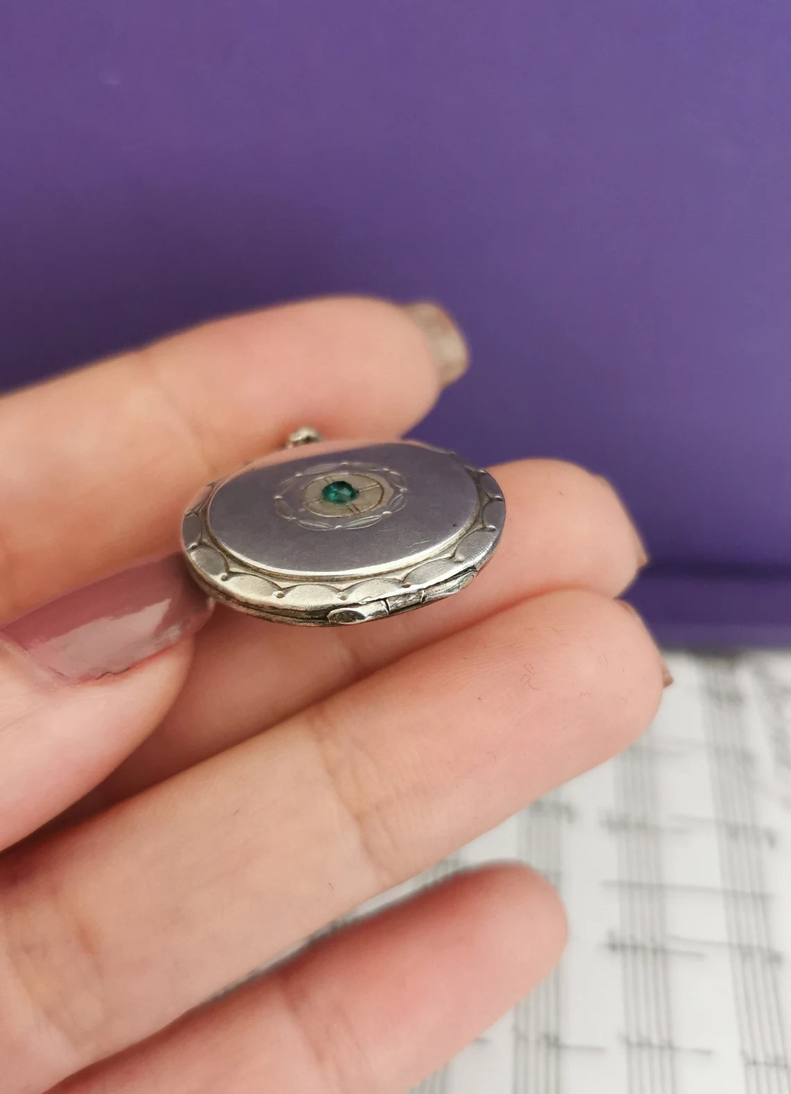 Antique French 1900s Edwardian silver photo locket with reed and cross hatch frame Photo Holder Gift for Her Vintage pendant Photo holder