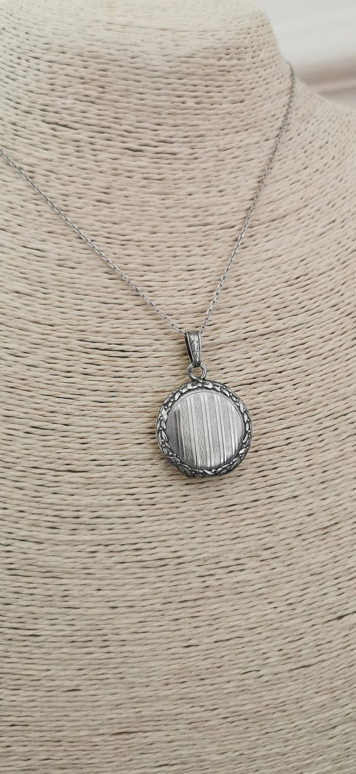 Antique French 1900s Edwardian silver photo locket with reed and cross hatch frame Photo Holder Gift for him Gift for Her Vintage pendant