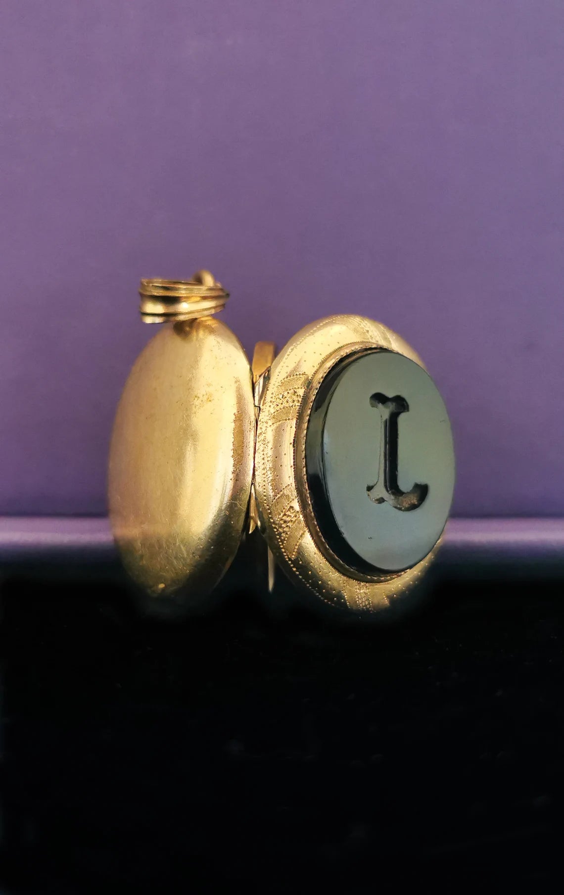 Antique Onyx Locket Beautiful XIX Century French Victorian Onyx locket with engraved L Antique photo holder gift for her