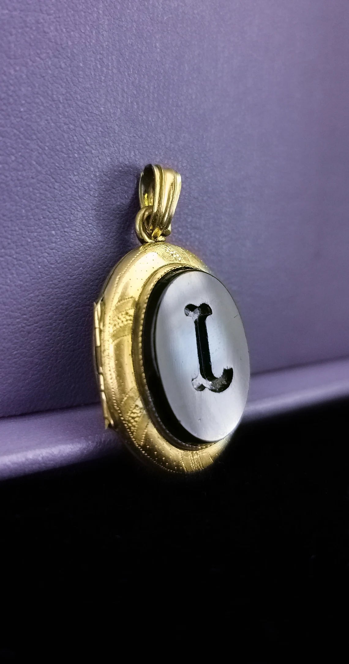 Antique Onyx Locket Beautiful XIX Century French Victorian Onyx locket with engraved L Antique photo holder gift for her