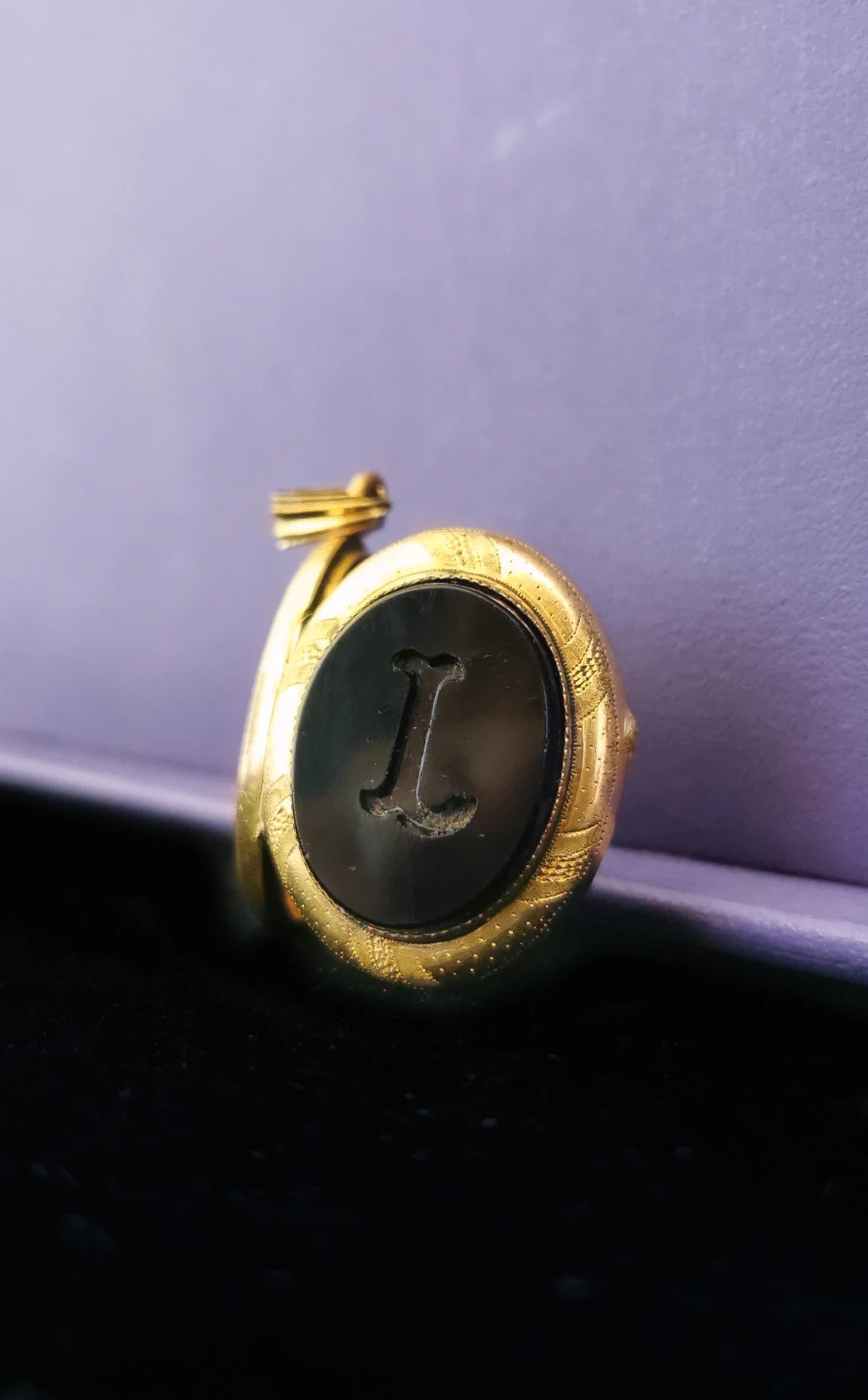 Antique Onyx Locket Beautiful XIX Century French Victorian Onyx locket with engraved L Antique photo holder gift for her