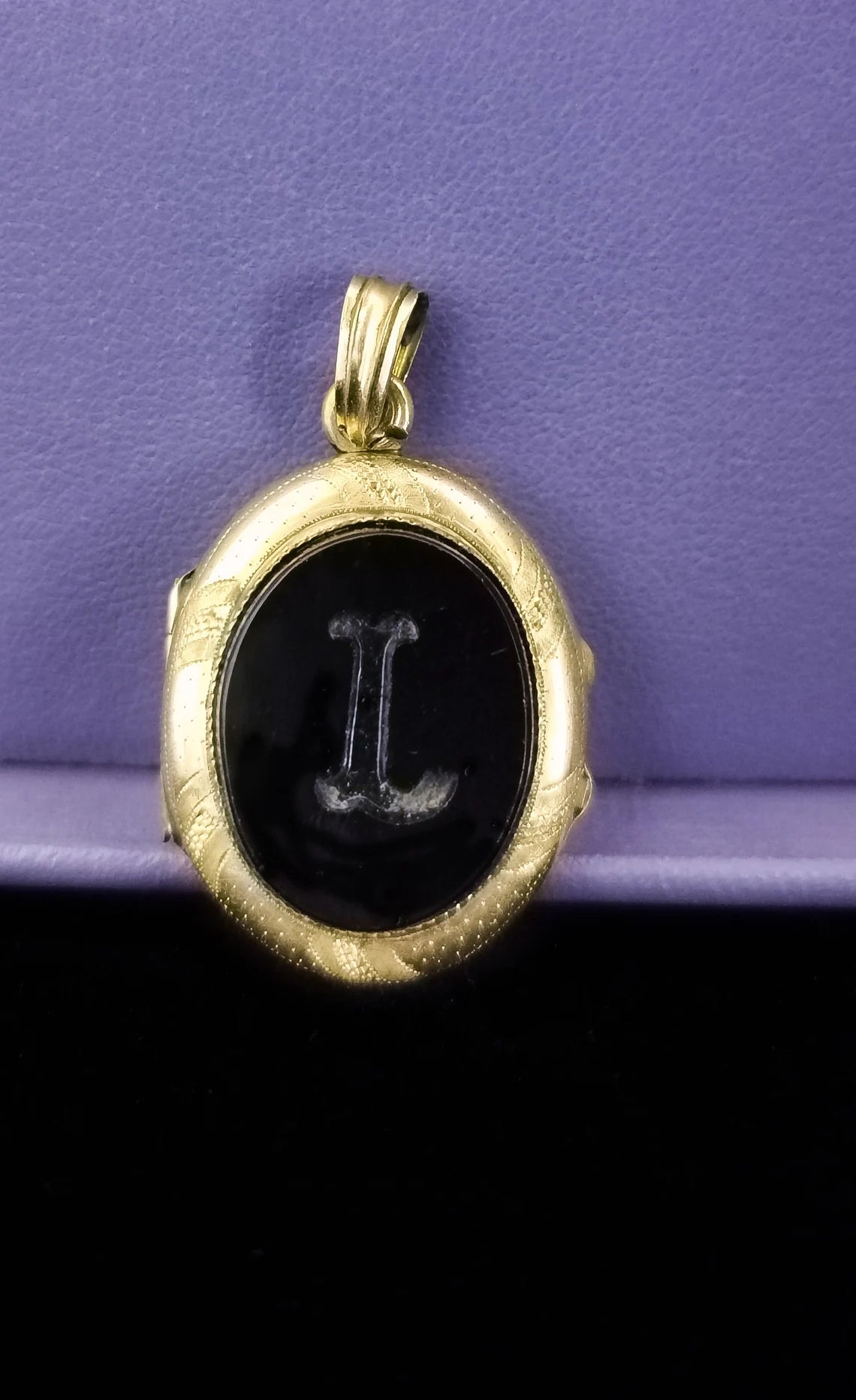 Antique Onyx Locket Beautiful XIX Century French Victorian Onyx locket with engraved L Antique photo holder gift for her
