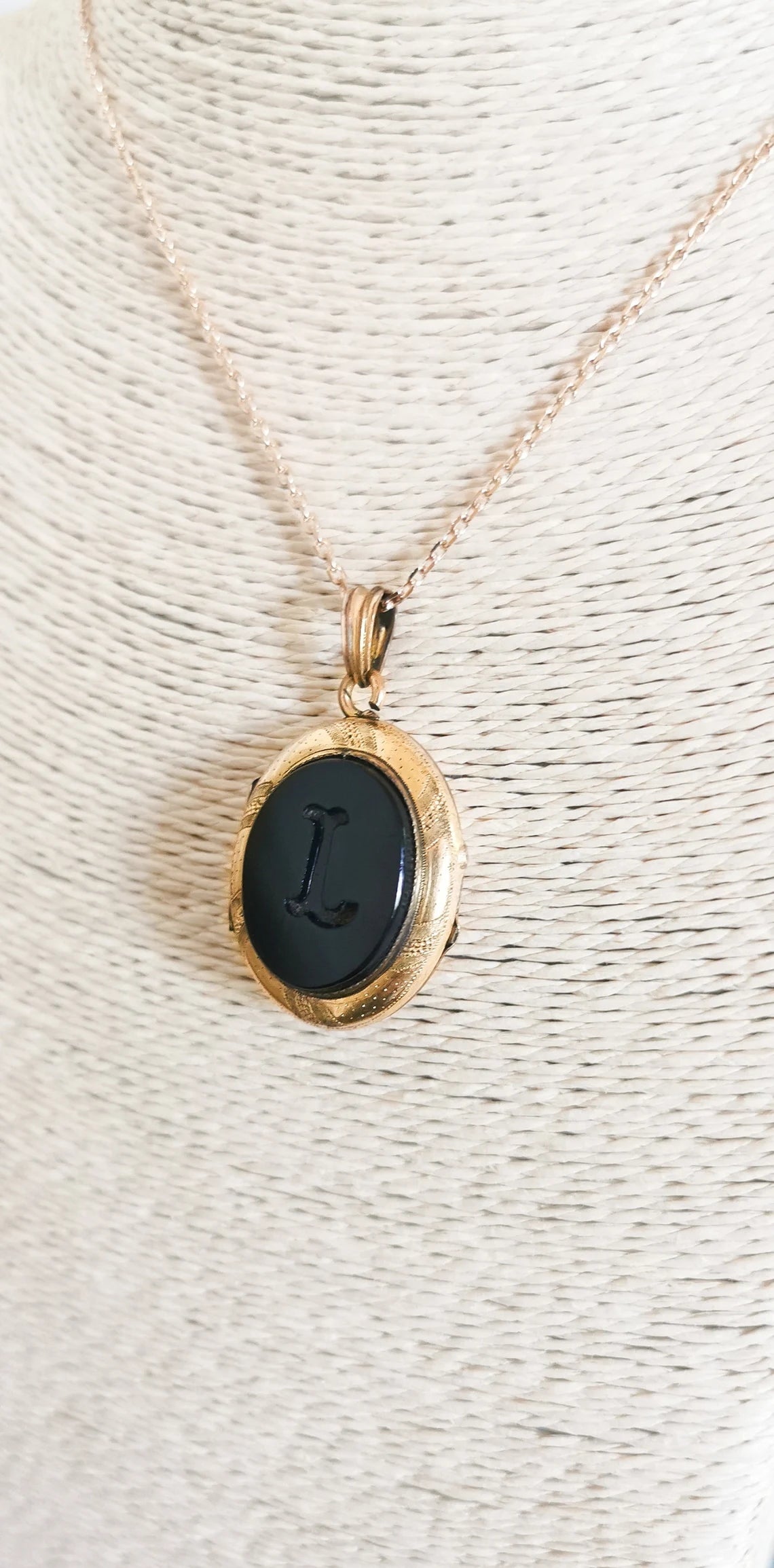 Antique Onyx Locket Beautiful XIX Century French Victorian Onyx locket with engraved L Antique photo holder gift for her