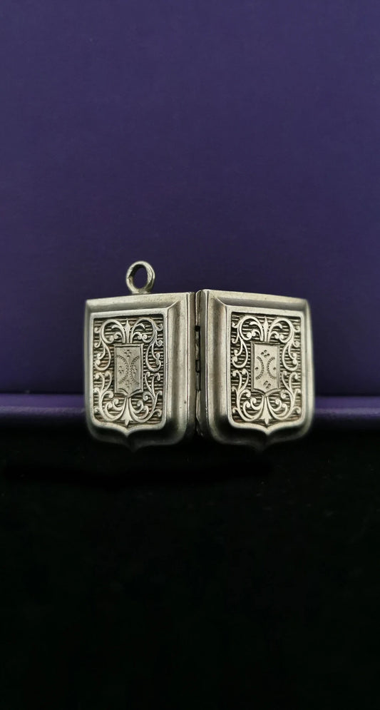Antique silver engraved blason locket coat of arms French antique victorian silver locket with glass partition gift for him gift for her