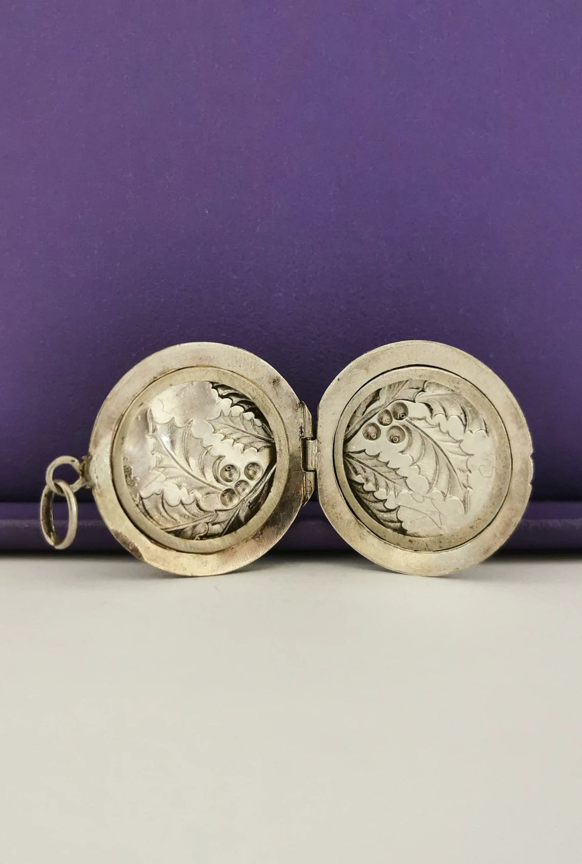 Art Nouveau Round silver Locket with Repousse Hawthorn branch Antique French Photo Pendant Antique Art Nouveau silver Locket Gift for her