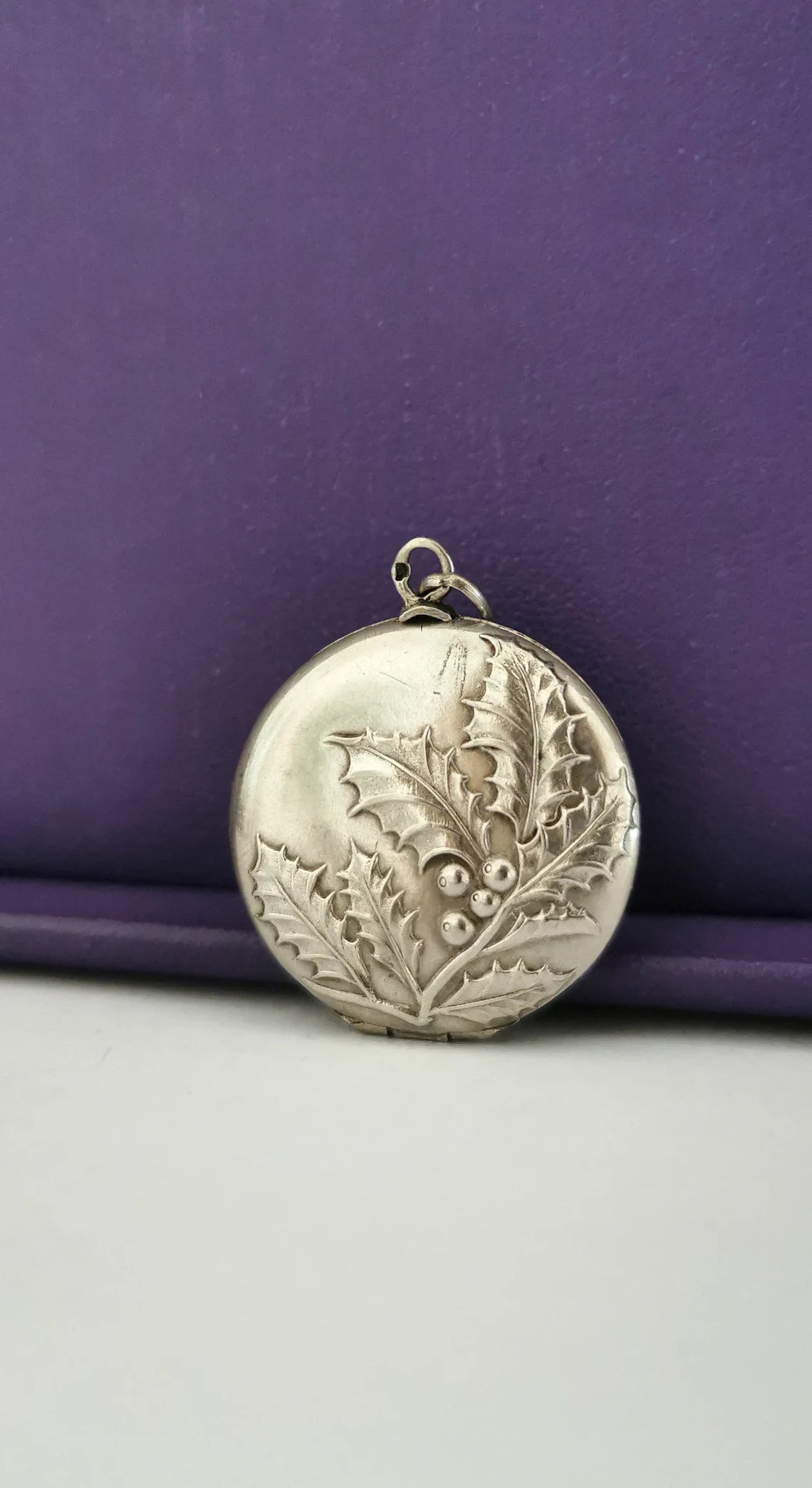 Art Nouveau Round silver Locket with Repousse Hawthorn branch Antique French Photo Pendant Antique Art Nouveau silver Locket Gift for her