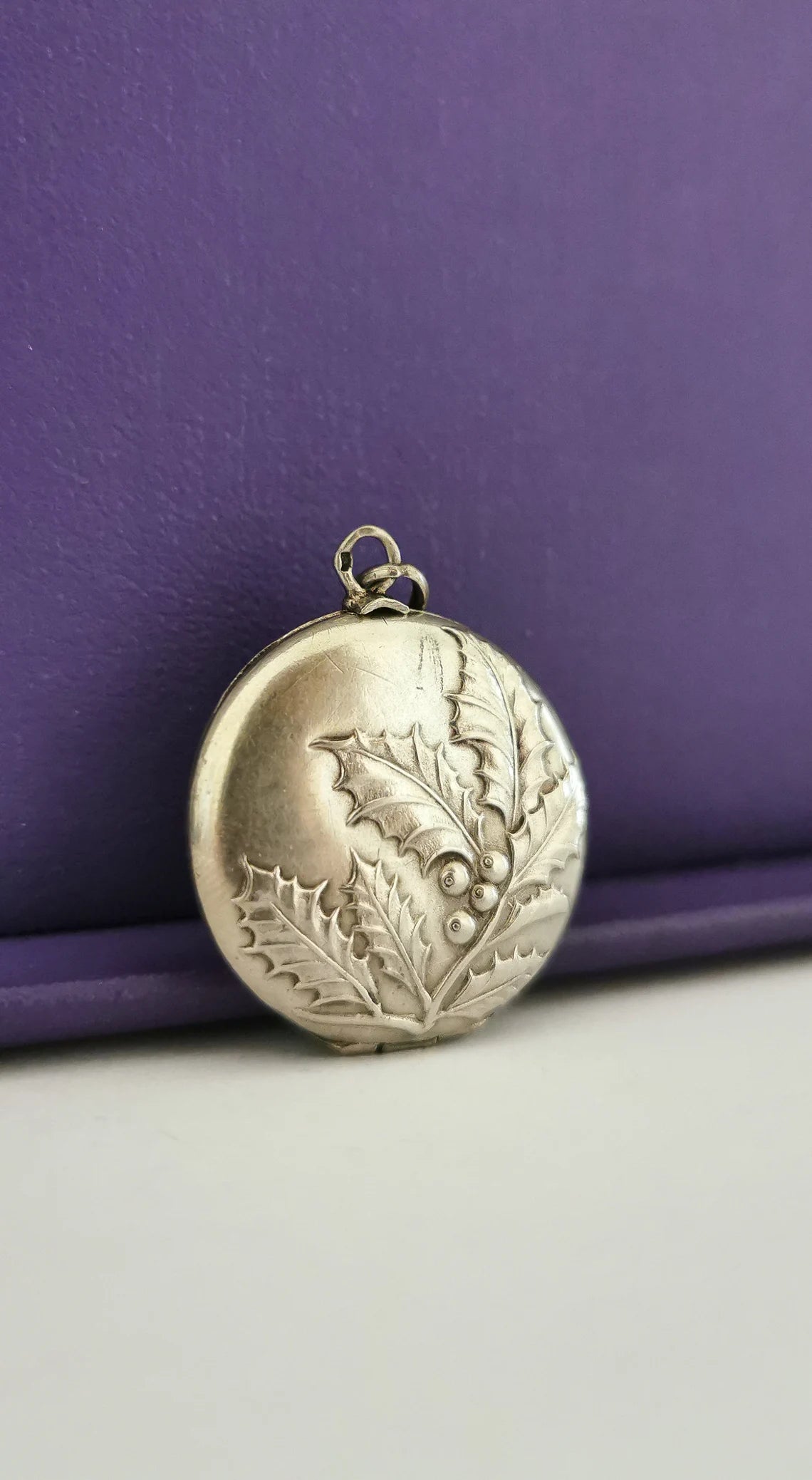 Art Nouveau Round silver Locket with Repousse Hawthorn branch Antique French Photo Pendant Antique Art Nouveau silver Locket Gift for her