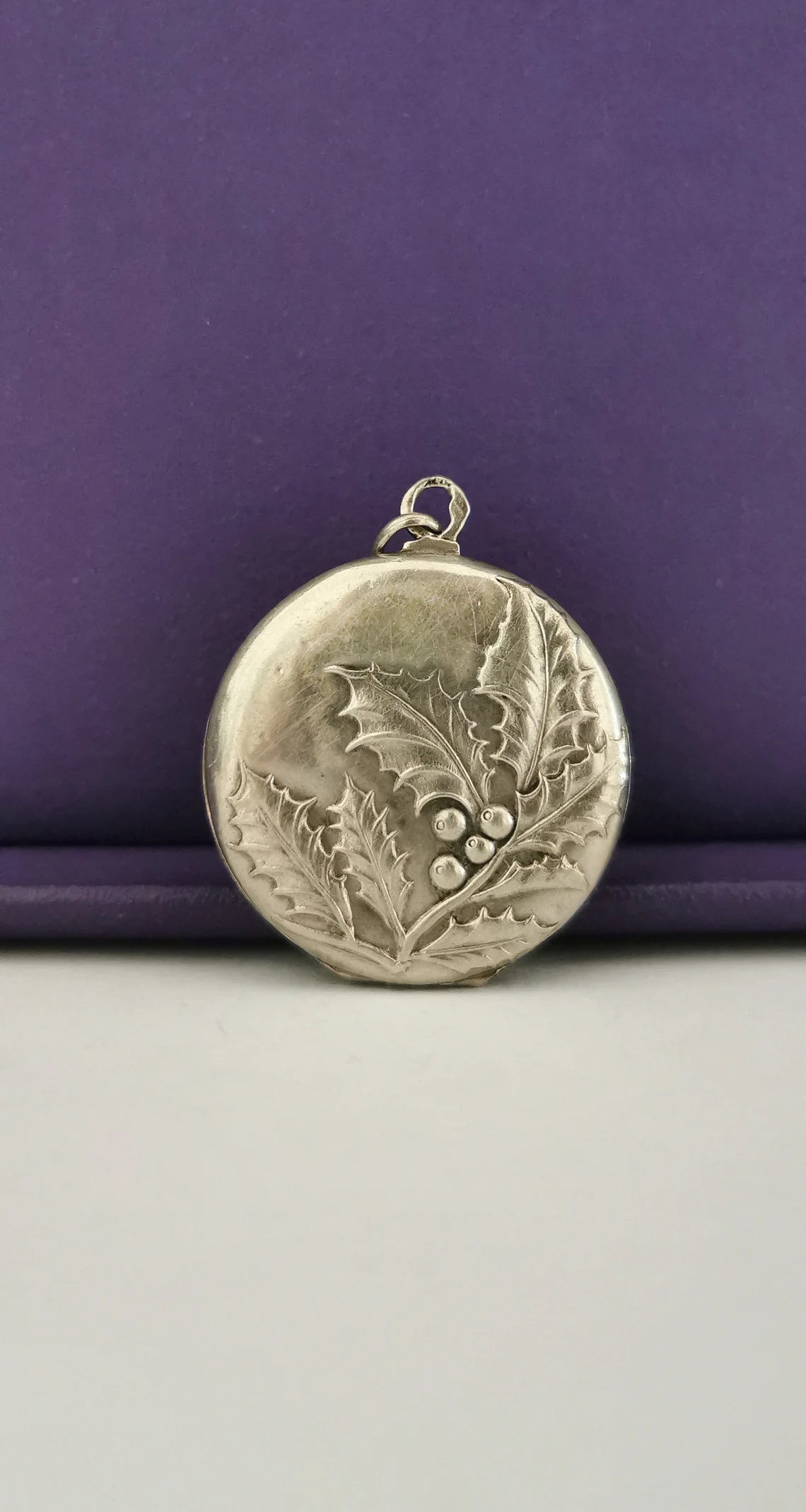 Art Nouveau Round silver Locket with Repousse Hawthorn branch Antique French Photo Pendant Antique Art Nouveau silver Locket Gift for her