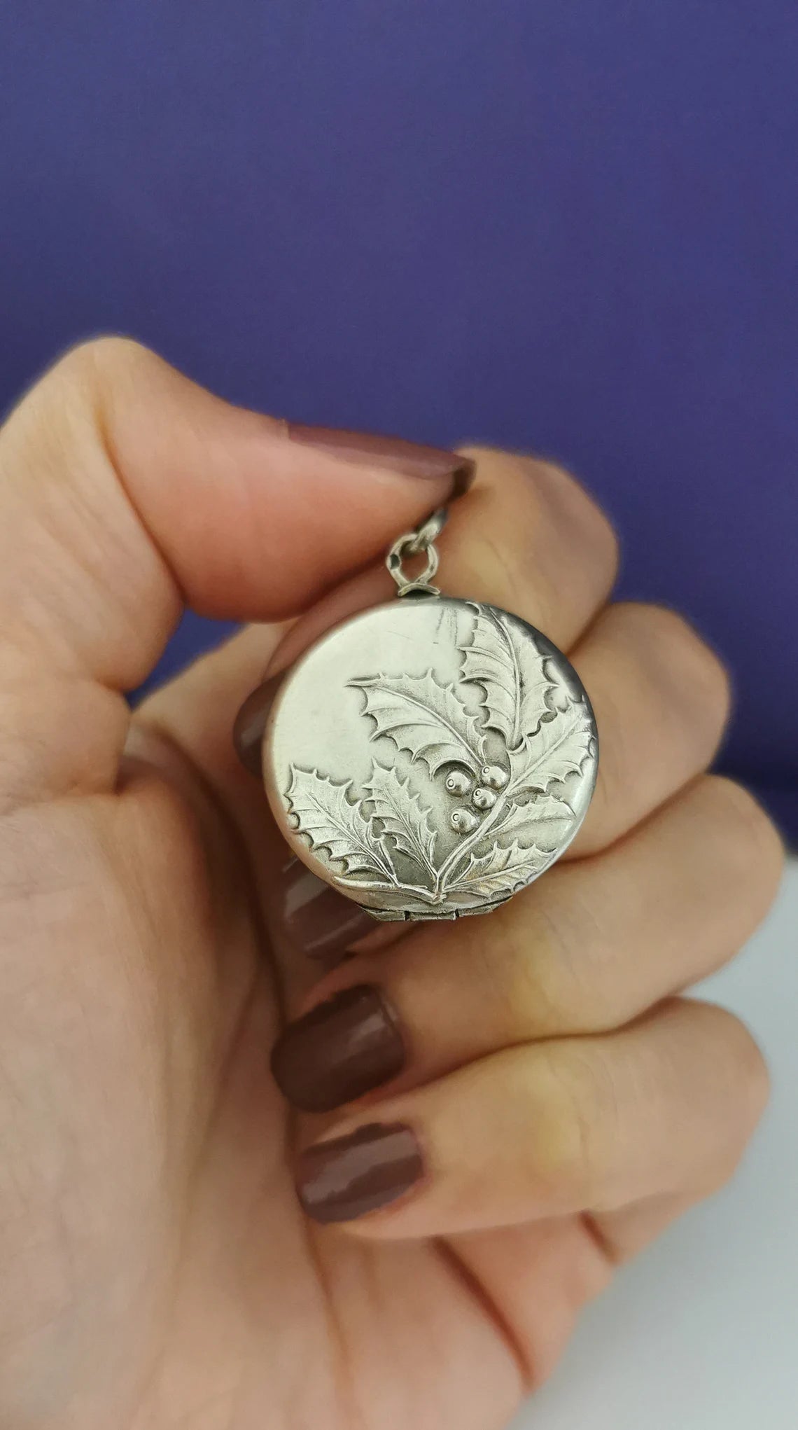 Art Nouveau Round silver Locket with Repousse Hawthorn branch Antique French Photo Pendant Antique Art Nouveau silver Locket Gift for her