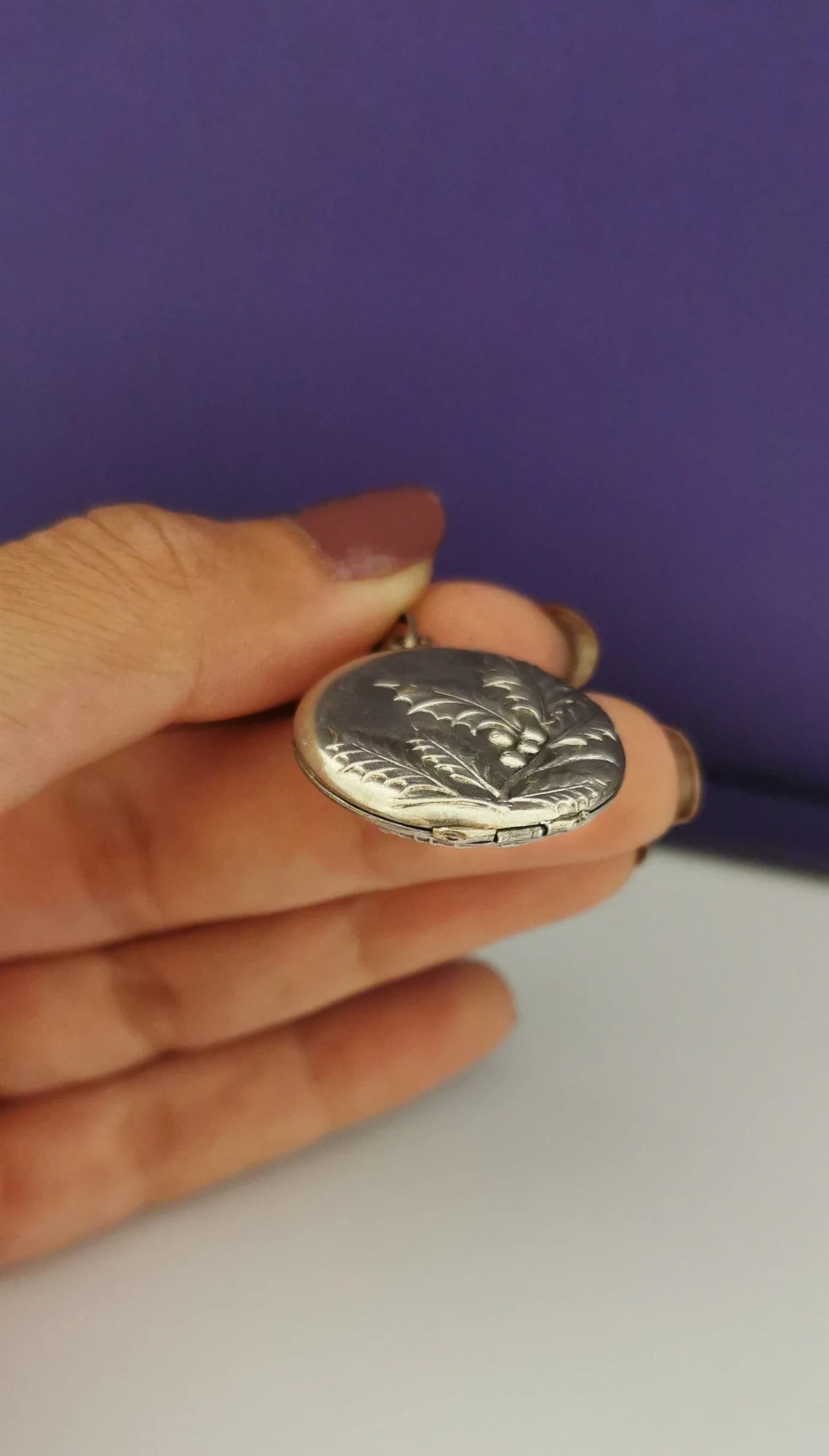 Art Nouveau Round silver Locket with Repousse Hawthorn branch Antique French Photo Pendant Antique Art Nouveau silver Locket Gift for her