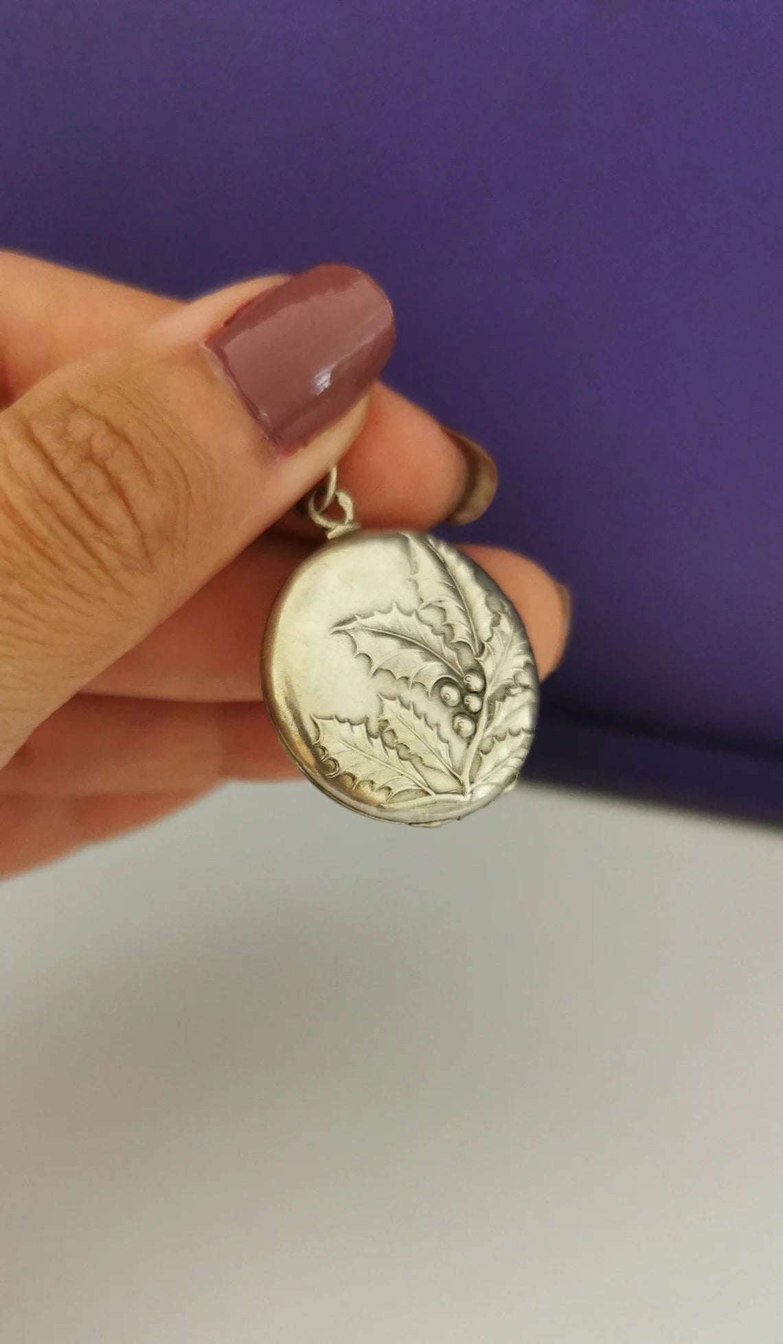 Art Nouveau Round silver Locket with Repousse Hawthorn branch Antique French Photo Pendant Antique Art Nouveau silver Locket Gift for her