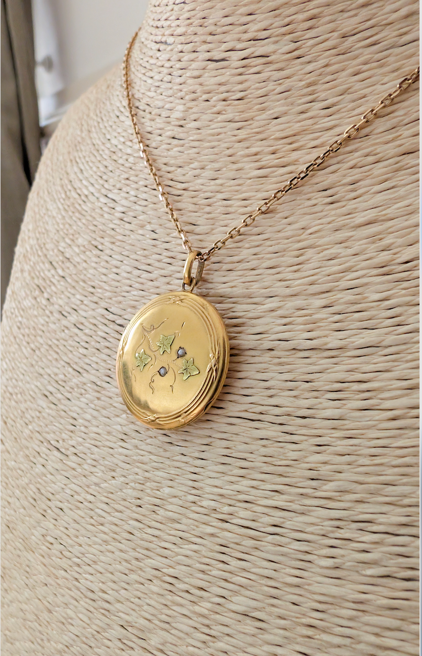 18K Gold Art Nouveau Locket with pearls & green gold : Antique Floral Engraved Pendant