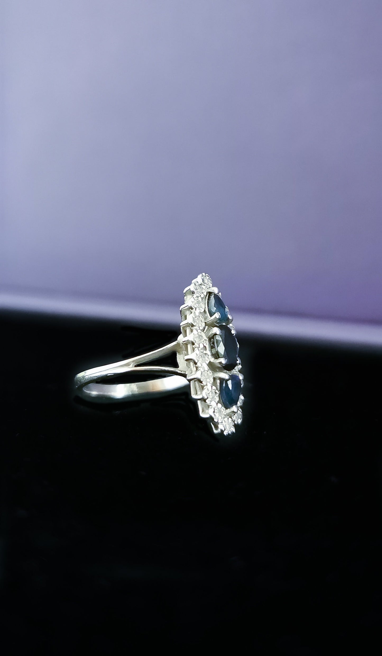 18K Gold Sapphire Diamond Ring: Antique French Marquise Cluster