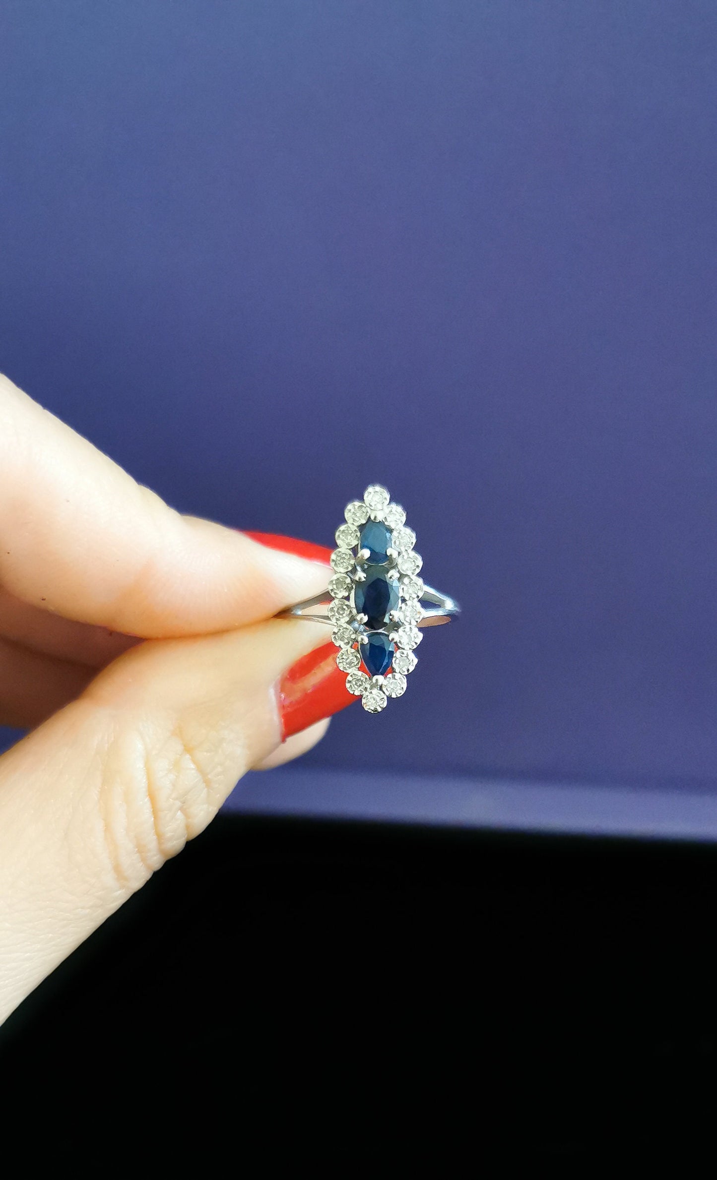 18K Gold Sapphire Diamond Ring: Antique French Marquise Cluster