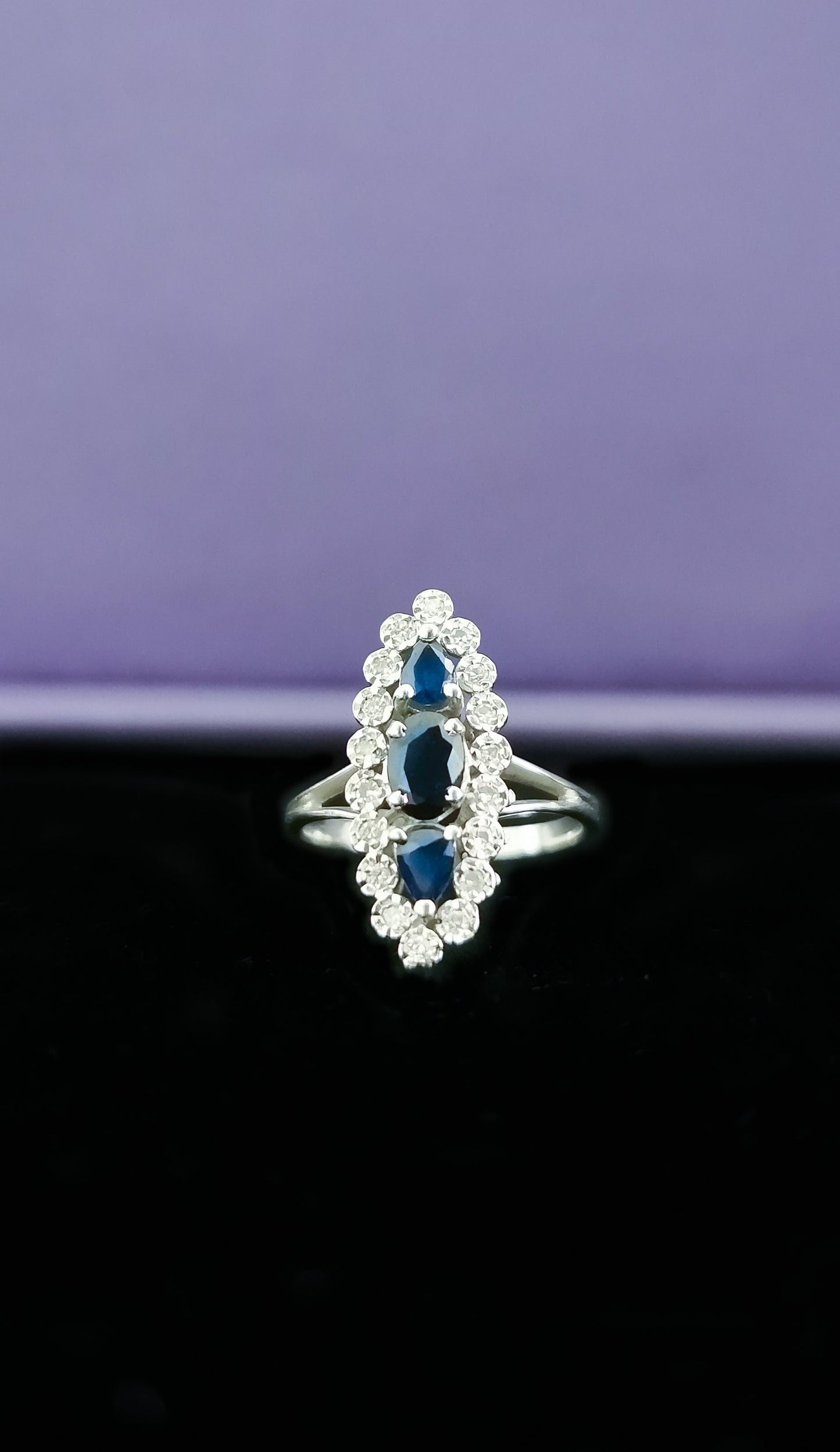 18K Gold Sapphire Diamond Ring: Antique French Marquise Cluster