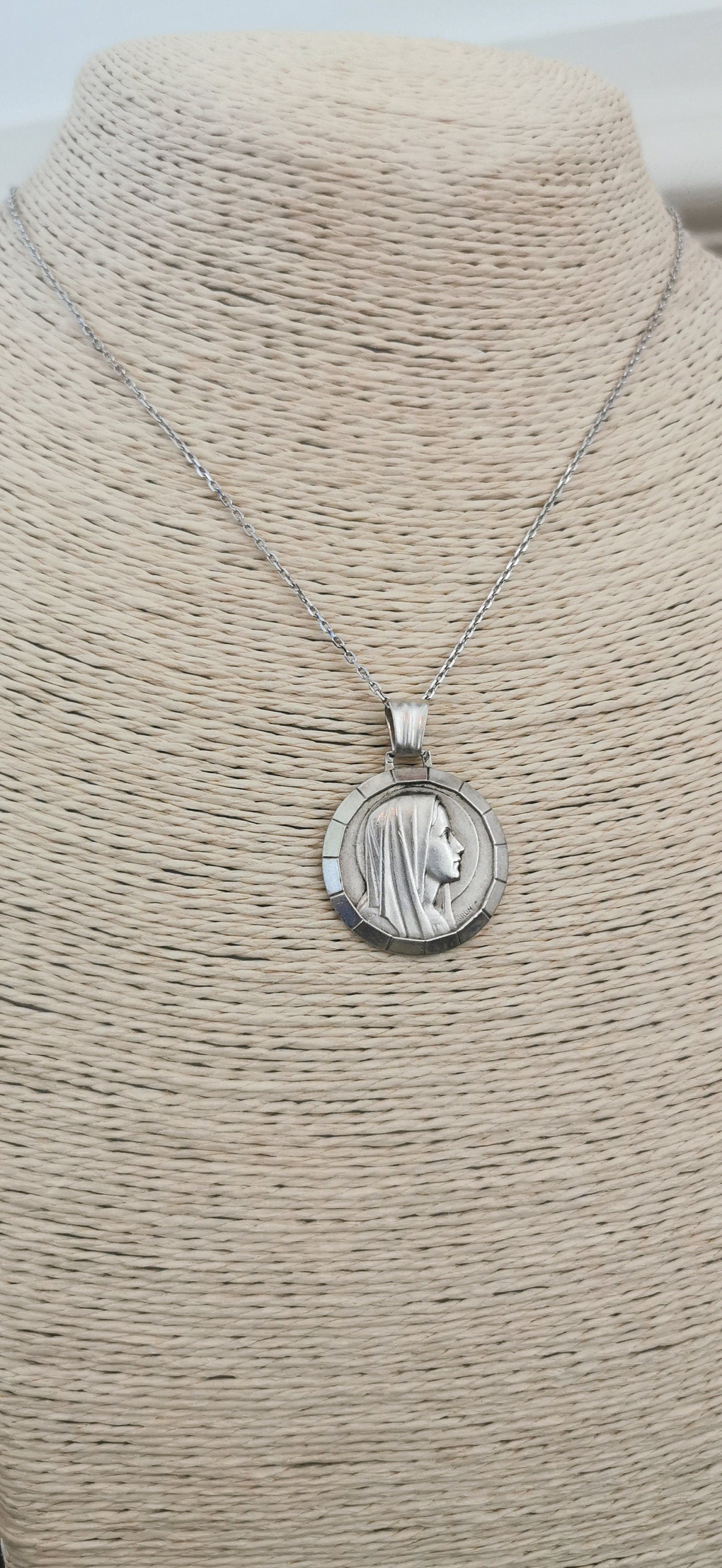 Art Deco Virgin Mary Silver French Medal Pendant - 1930