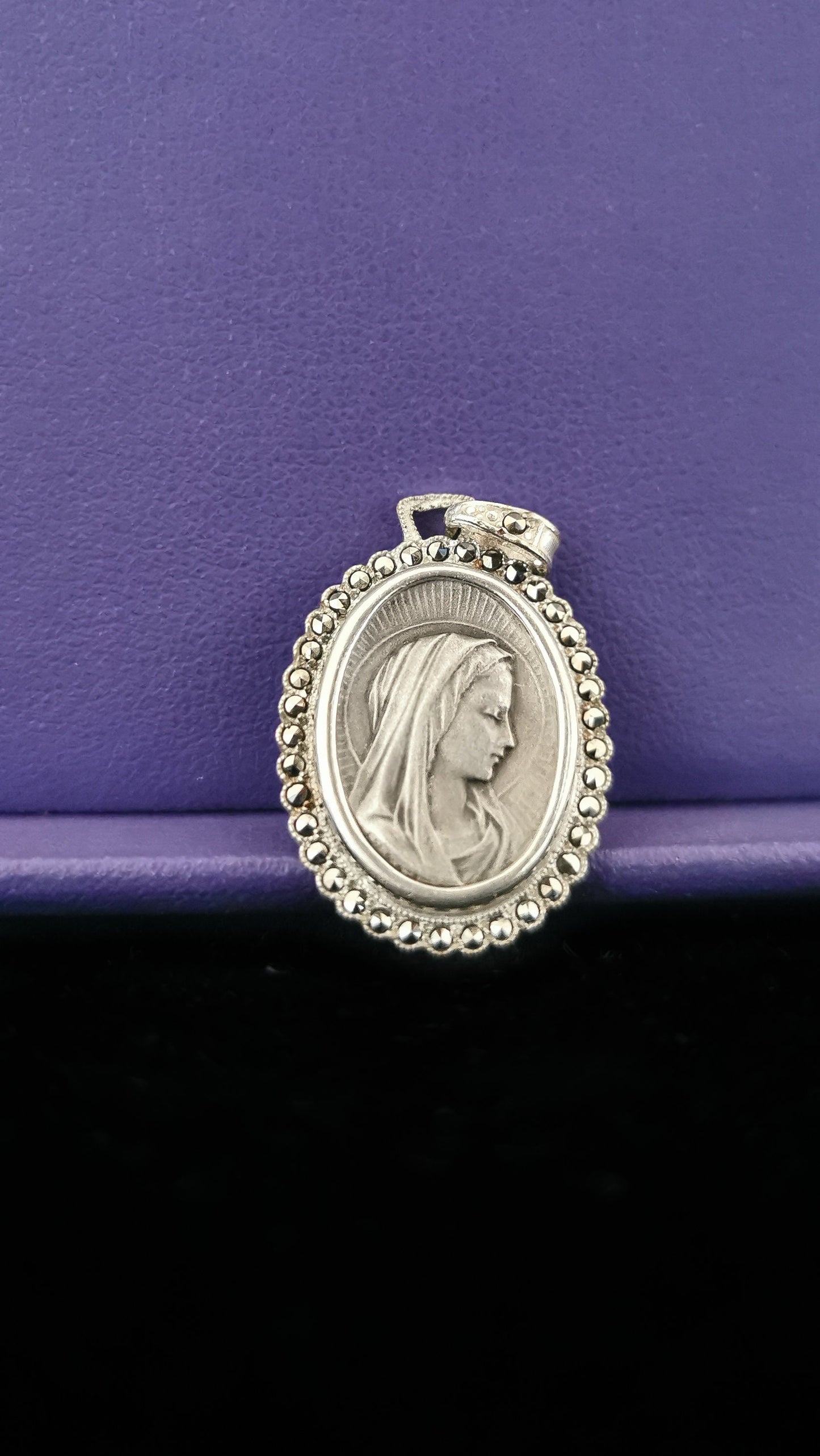 Art Nouveau Virgin Mary Silver Pendant: French Marcasite Medal