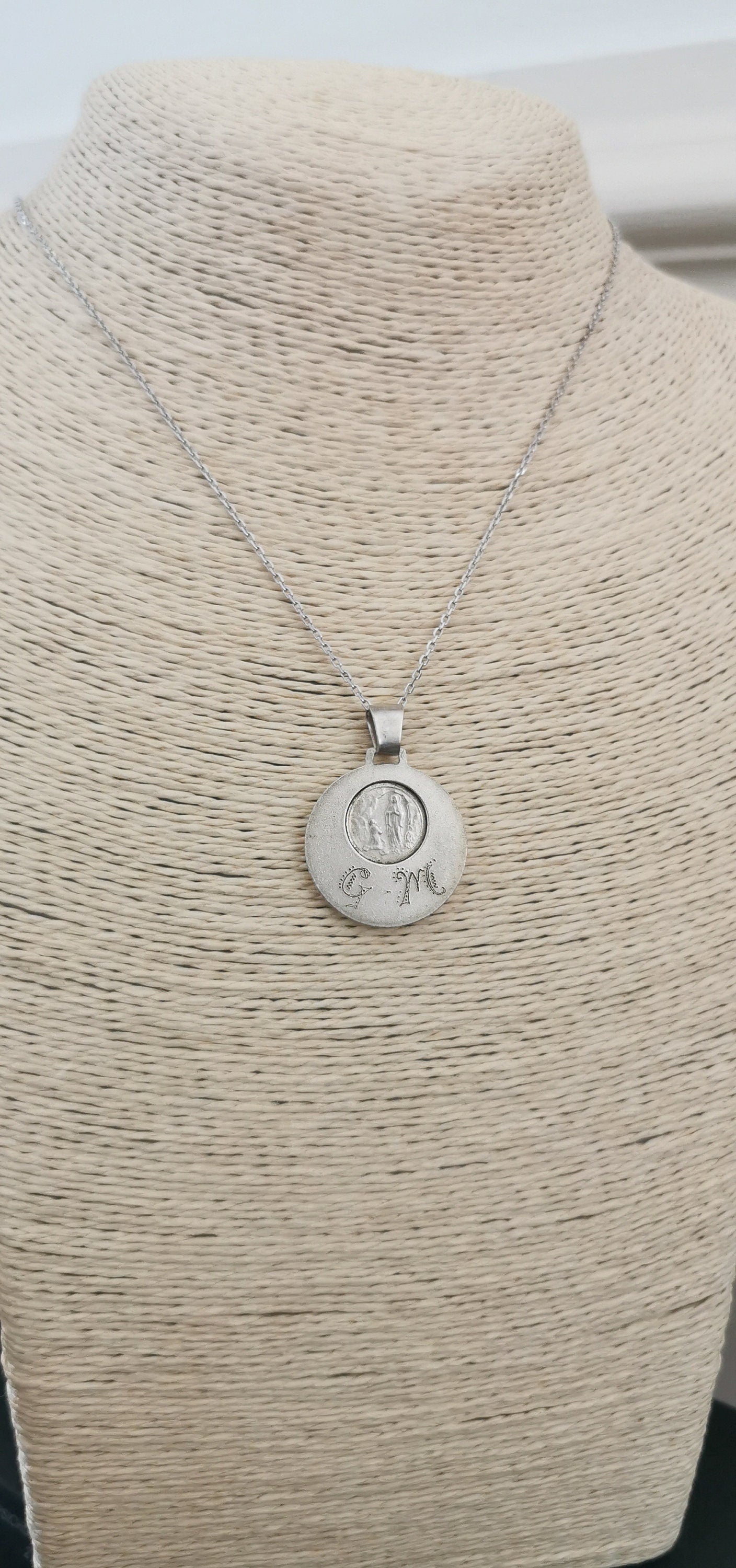 Art Deco Virgin Mary Silver French Medal Pendant - 1930