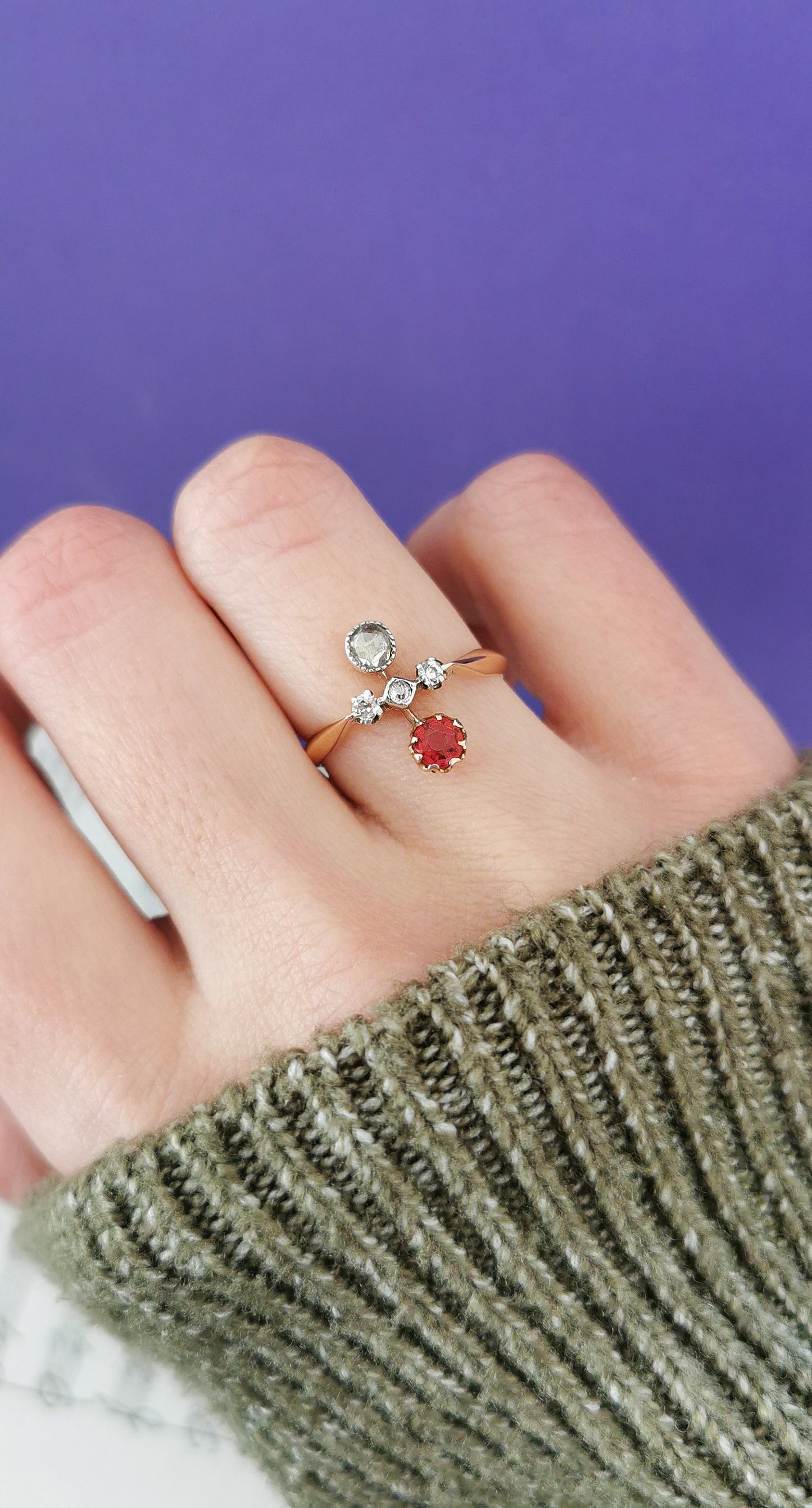 18K Rose Gold Toi et Moi Ring: Antique Diamond & Garnet Edwardian Engagement Ring