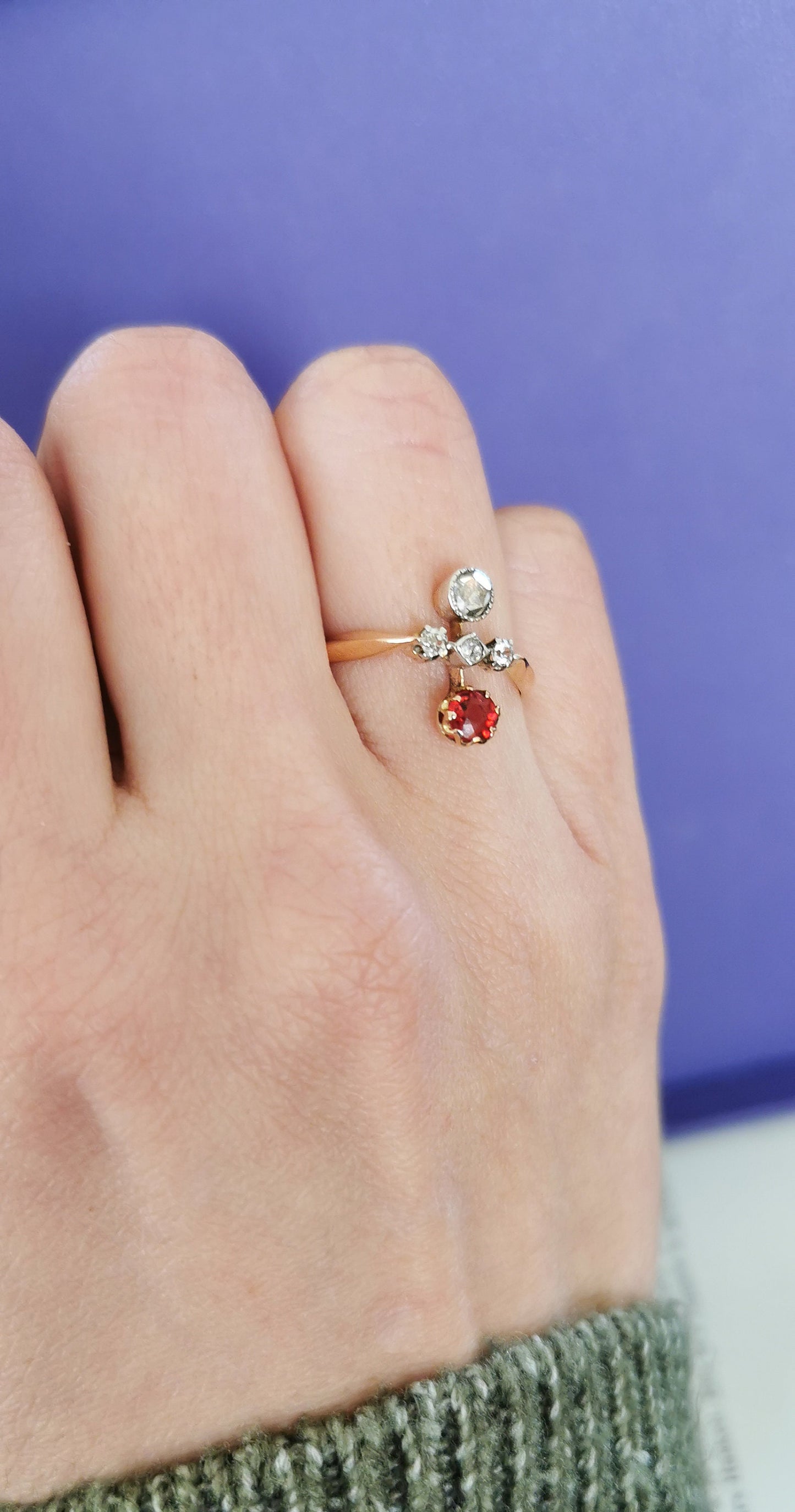 18K Rose Gold Toi et Moi Ring: Antique Diamond & Garnet Edwardian Engagement Ring