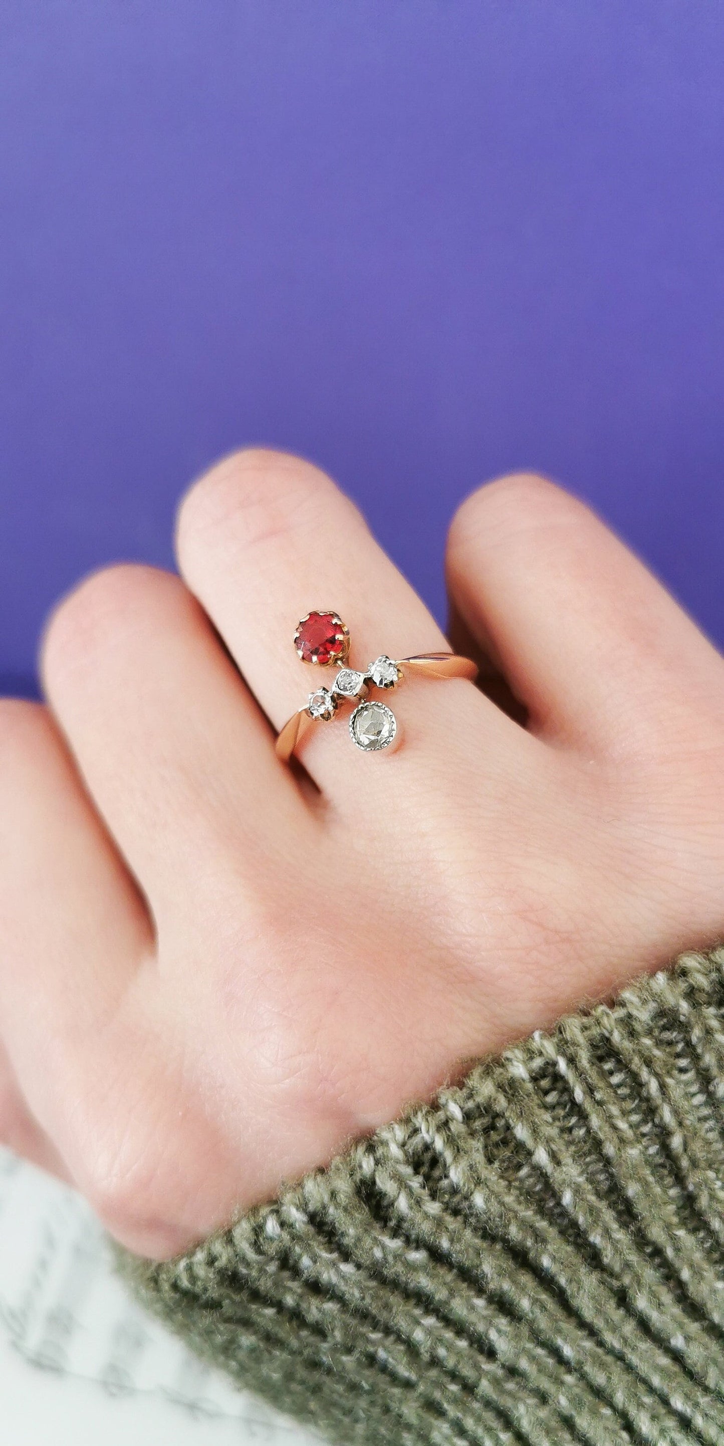 18K Rose Gold Toi et Moi Ring: Antique Diamond & Garnet Edwardian Engagement Ring