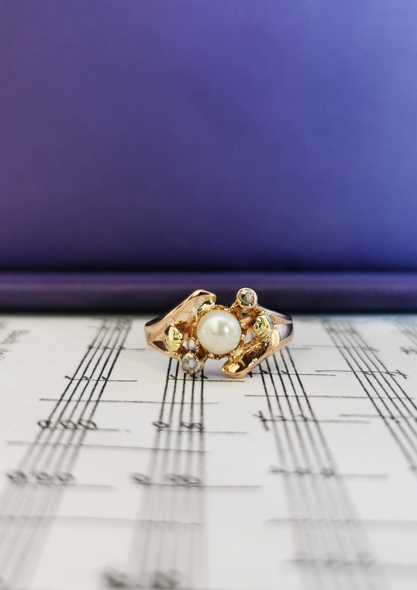 18K Rose Gold Art Nouveau Pearl Diamond Ring: Antique French Jewelry