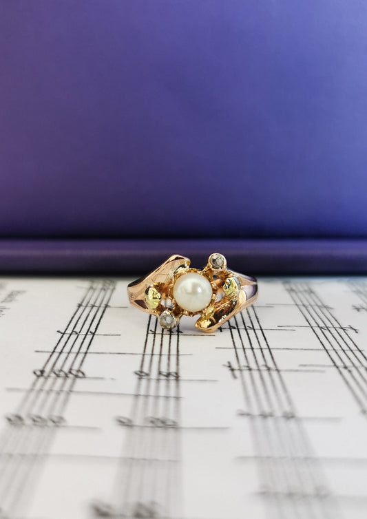 18K Rose Gold Art Nouveau Pearl Diamond Ring: Antique French Jewelry