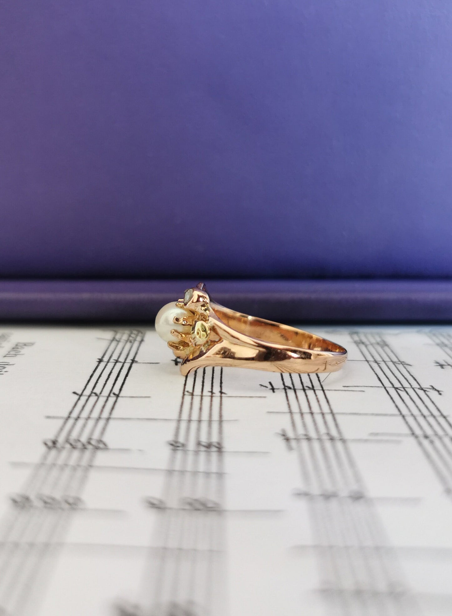 18K Rose Gold Art Nouveau Pearl Diamond Ring: Antique French Jewelry