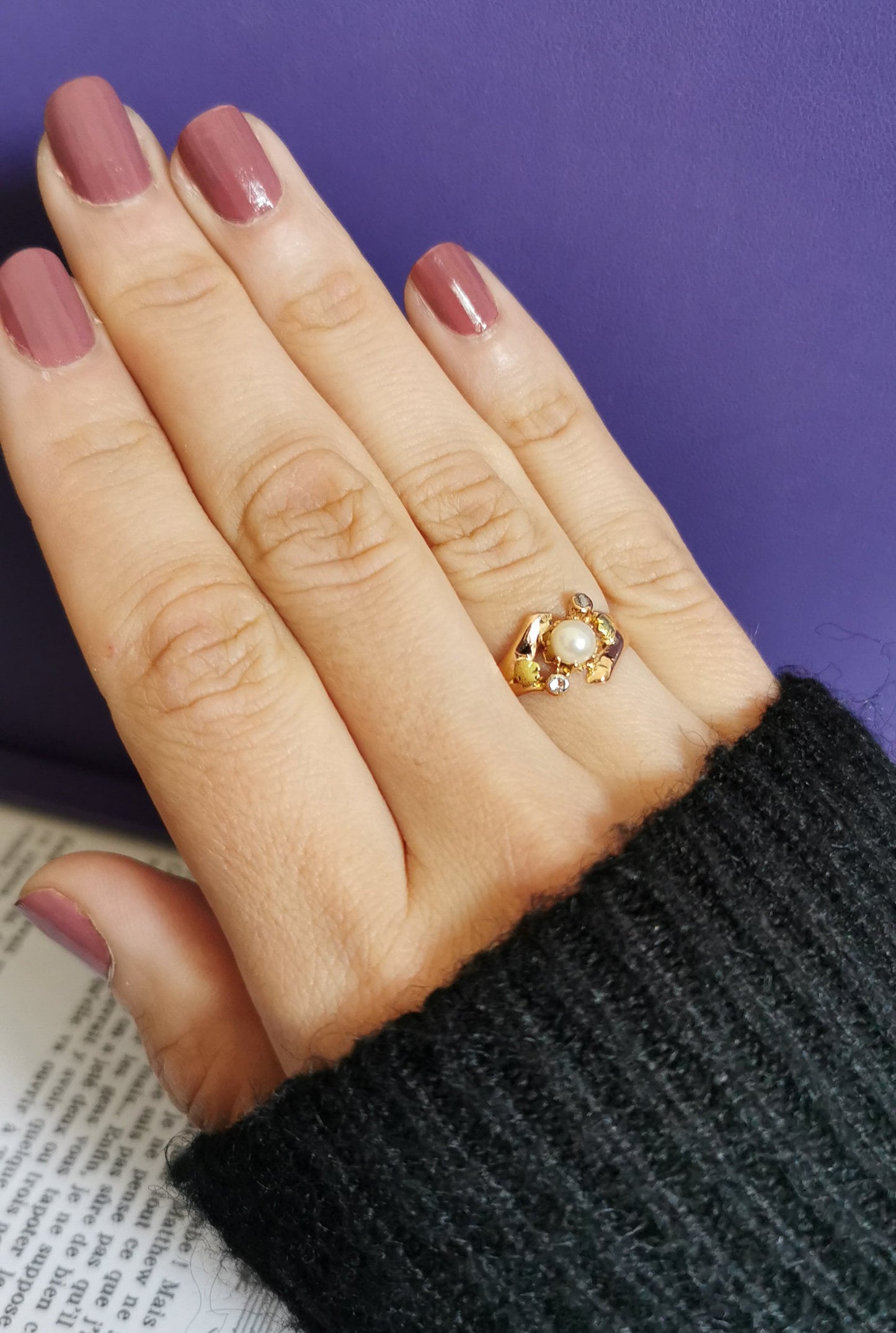 18K Rose Gold Art Nouveau Pearl Diamond Ring: Antique French Jewelry