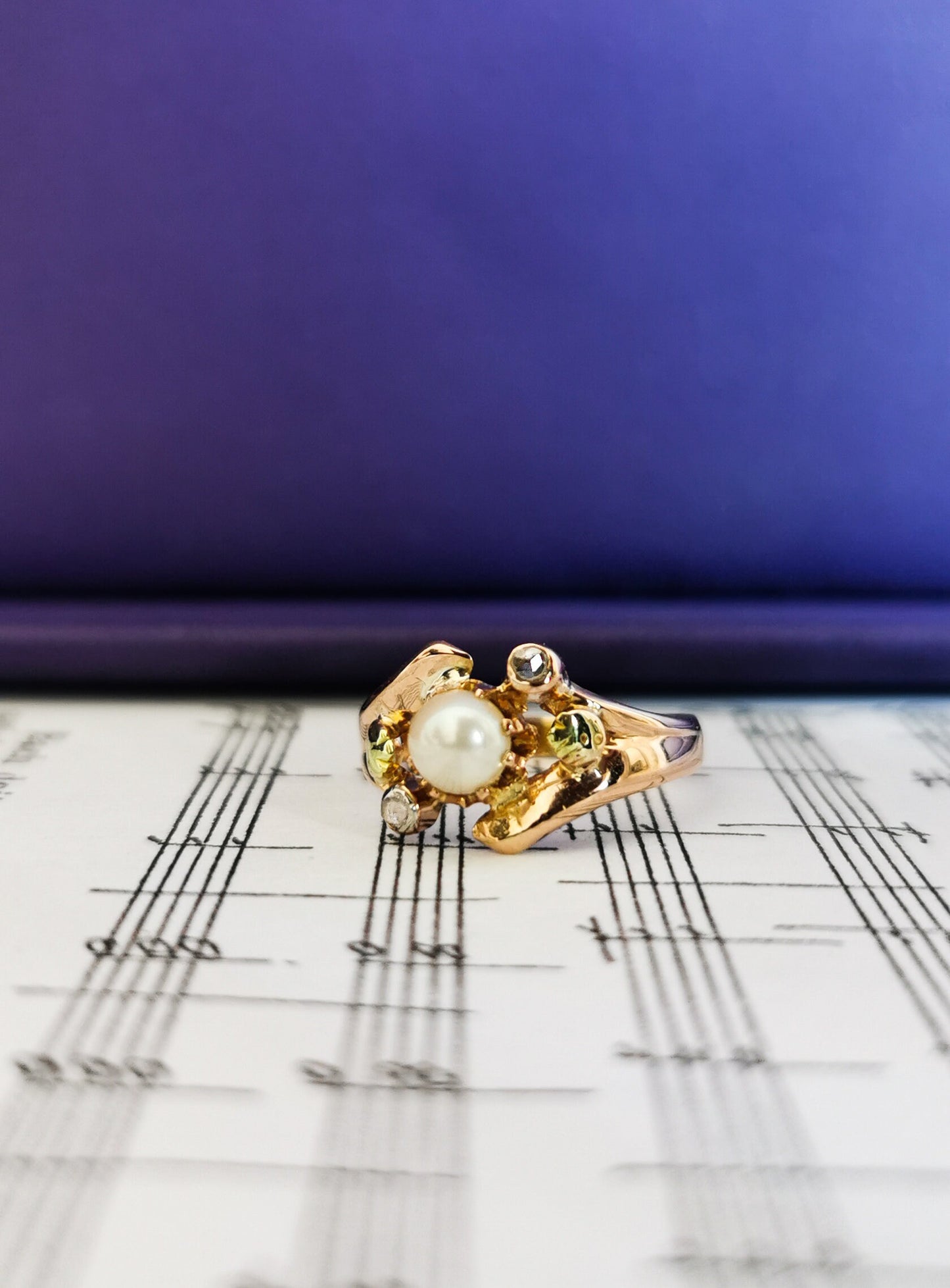 18K Rose Gold Art Nouveau Pearl Diamond Ring: Antique French Jewelry