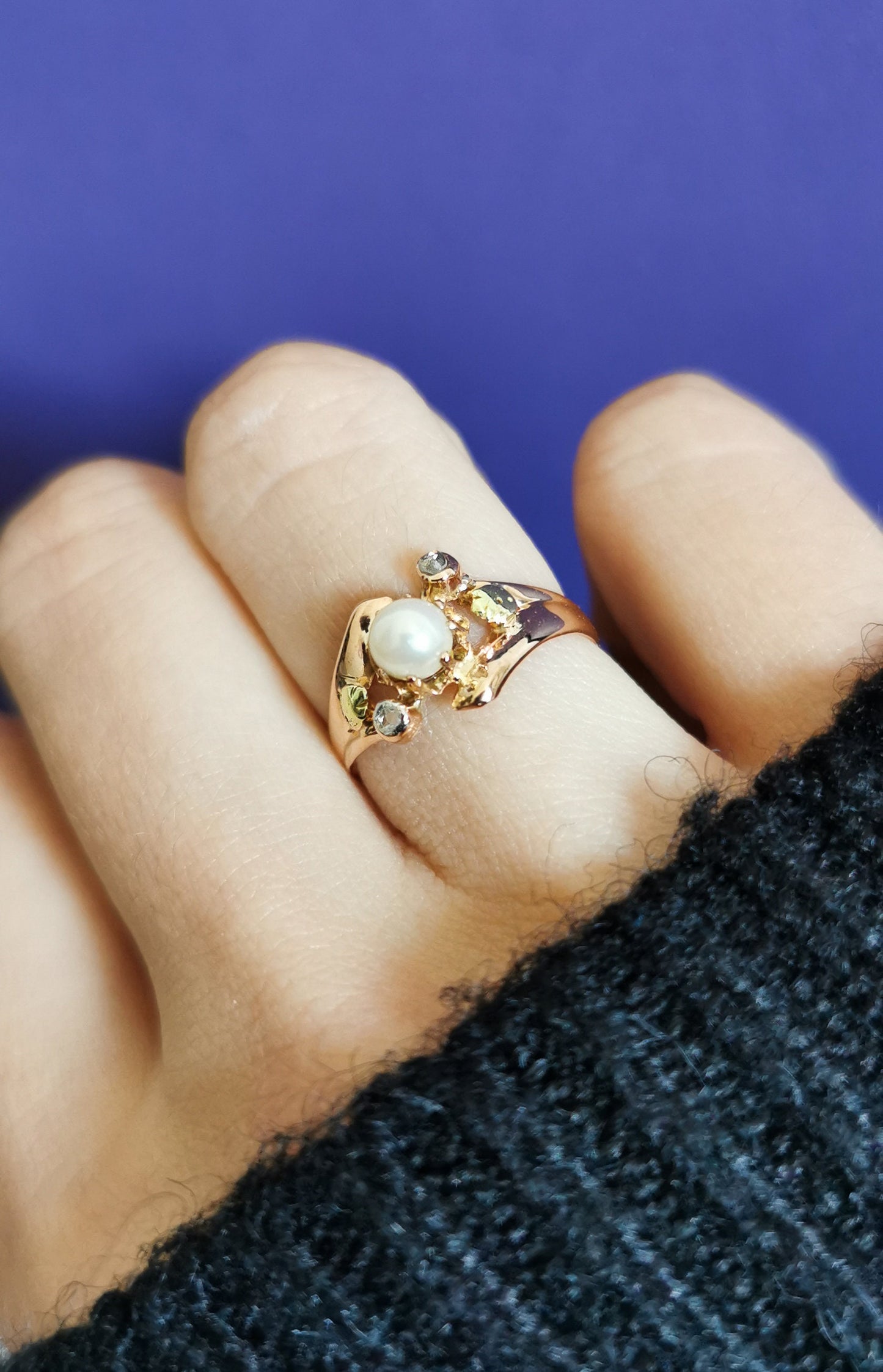 18K Rose Gold Art Nouveau Pearl Diamond Ring: Antique French Jewelry