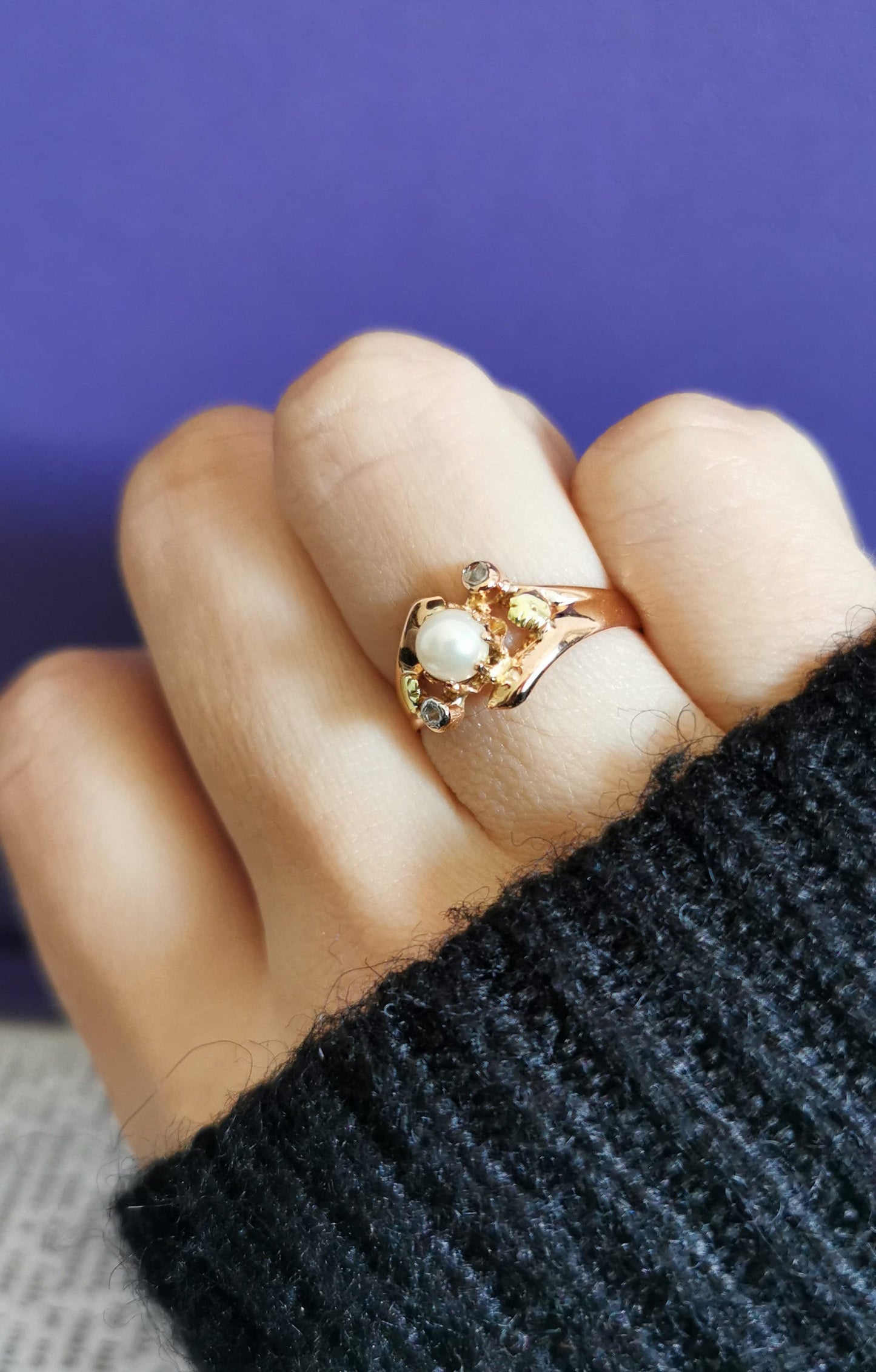18K Rose Gold Art Nouveau Pearl Diamond Ring: Antique French Jewelry