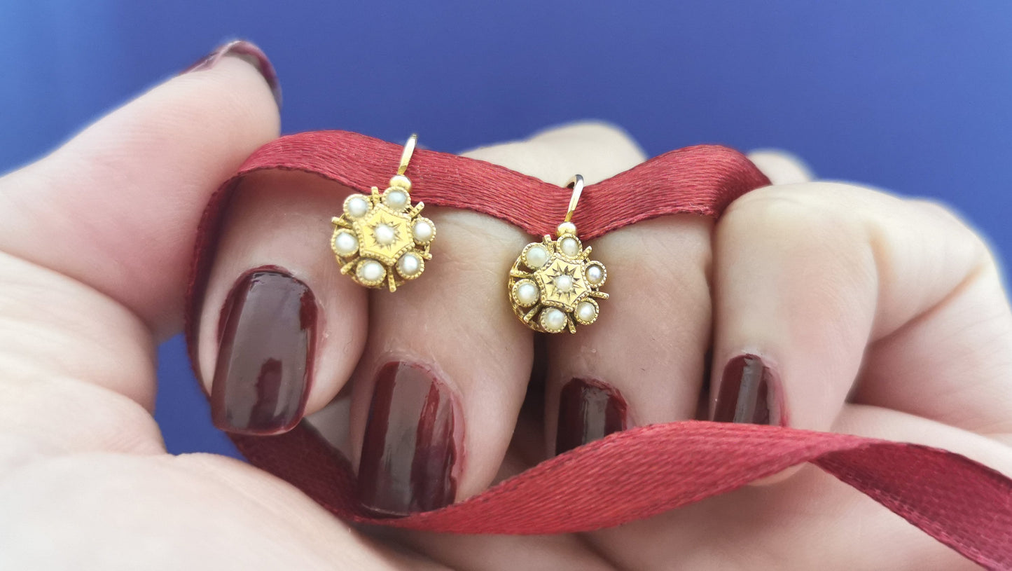 18K Gold Victorian Dormeuse Earrings: Antique Pearl Napoleon III Jewelry