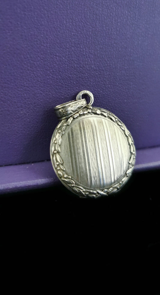 Antique French Edwardian Silver Photo Locket - Reed & Cross Hatch Frame