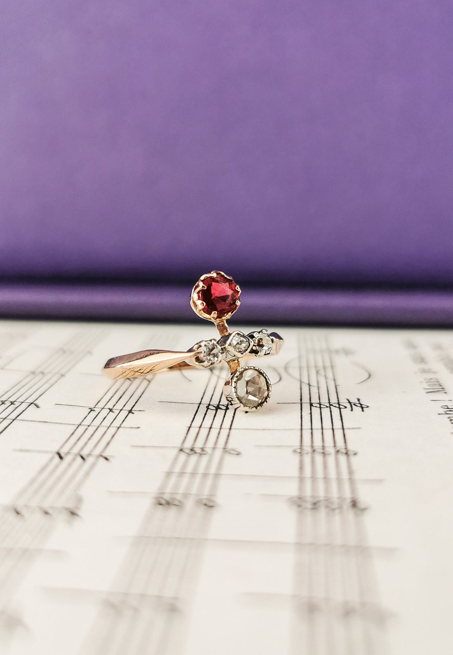 18K Rose Gold Toi et Moi Ring: Antique Diamond & Garnet Edwardian Engagement Ring