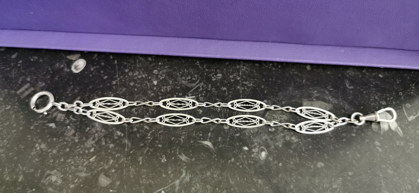 1920s Art Deco French Silver Bracelet: Antique Watch Chain Double Strand
