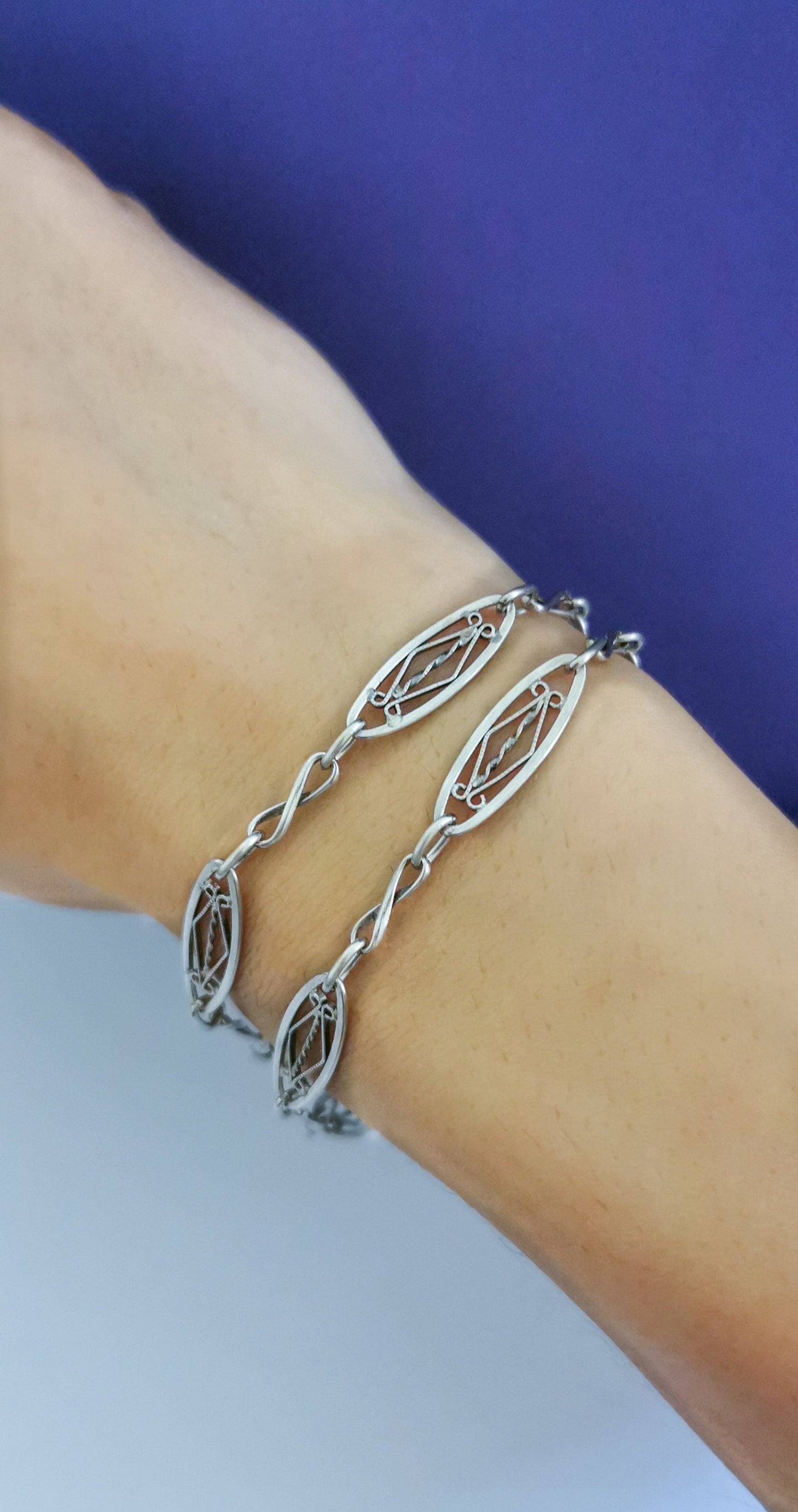 1920s Art Deco French Silver Bracelet: Antique Watch Chain Double Strand