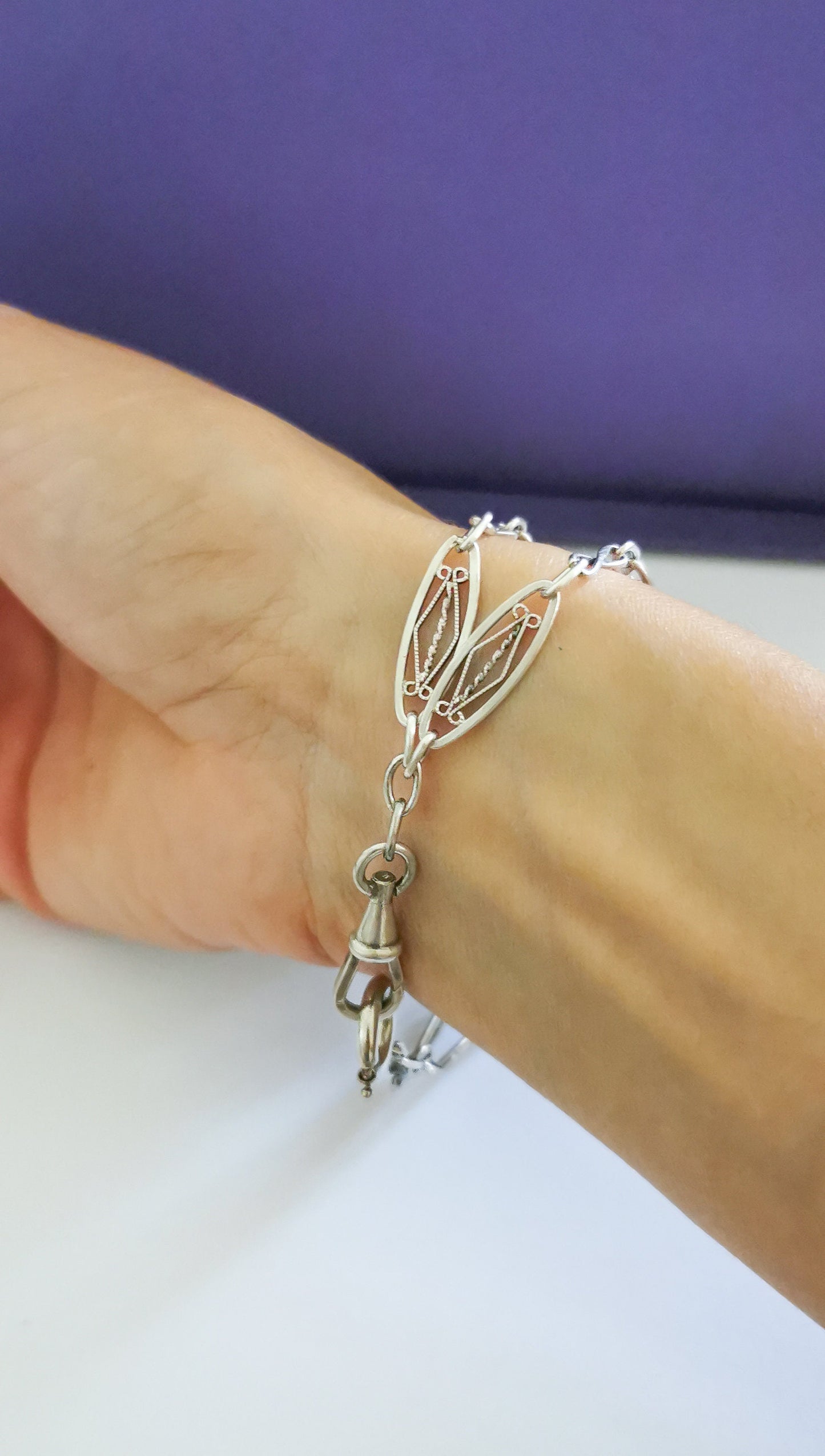 1920s Art Deco French Silver Bracelet: Antique Watch Chain Double Strand