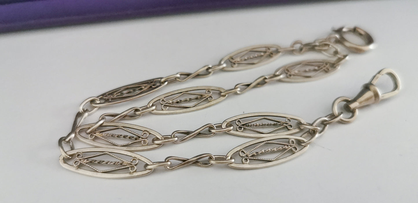 1920s Art Deco French Silver Bracelet: Antique Watch Chain Double Strand