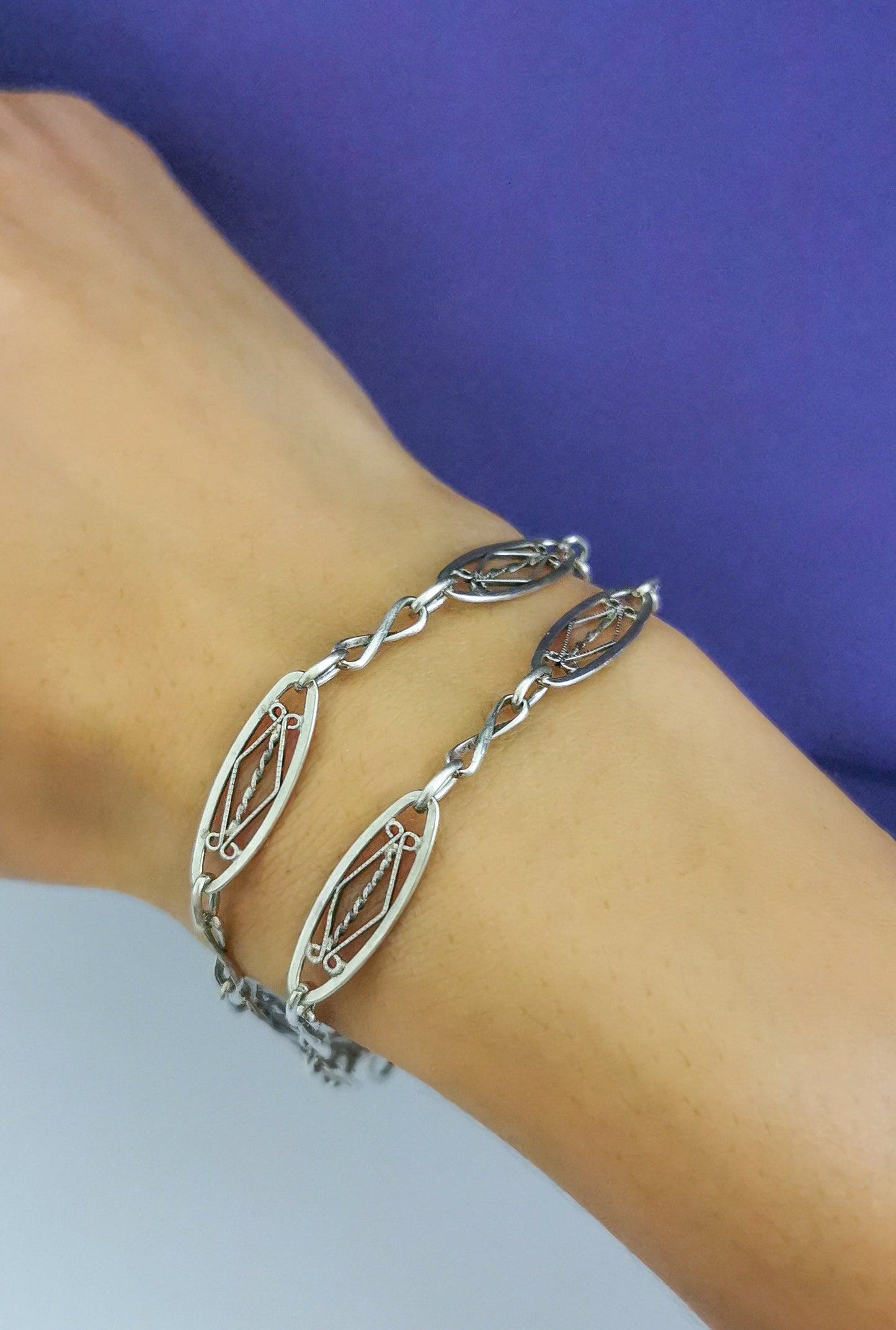 1920s Art Deco French Silver Bracelet: Antique Watch Chain Double Strand