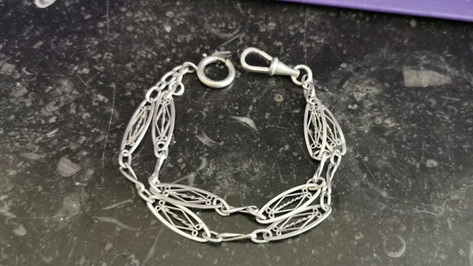 1920s Art Deco French Silver Bracelet: Antique Watch Chain Double Strand
