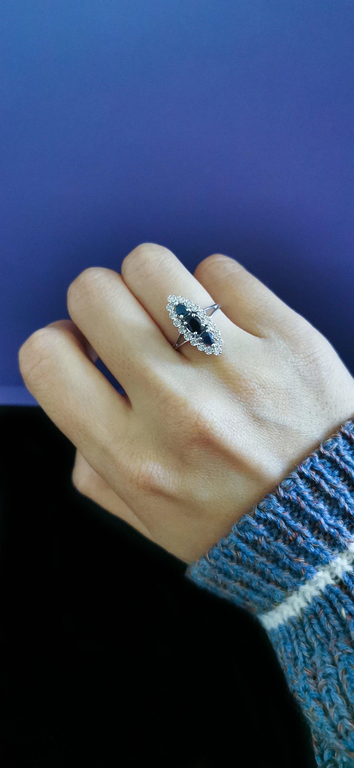18K Gold Sapphire Diamond Ring: Antique French Marquise Cluster