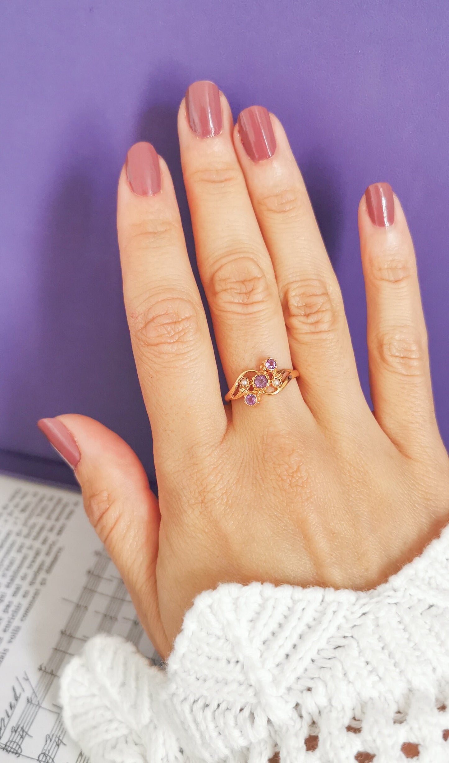 18K Gold Art Nouveau Amethyst & Pearl Ring - 1900s Antique