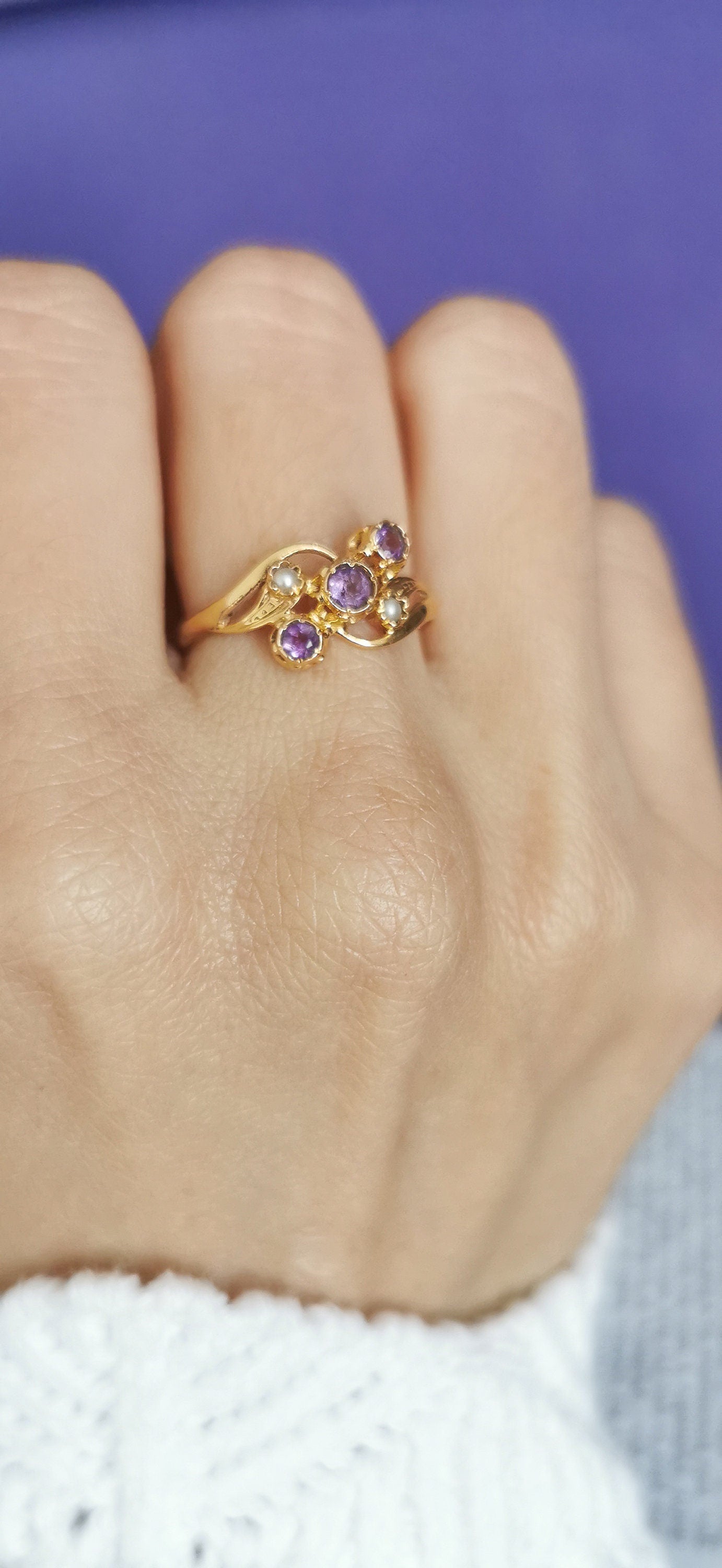 18K Gold Art Nouveau Amethyst & Pearl Ring - 1900s Antique