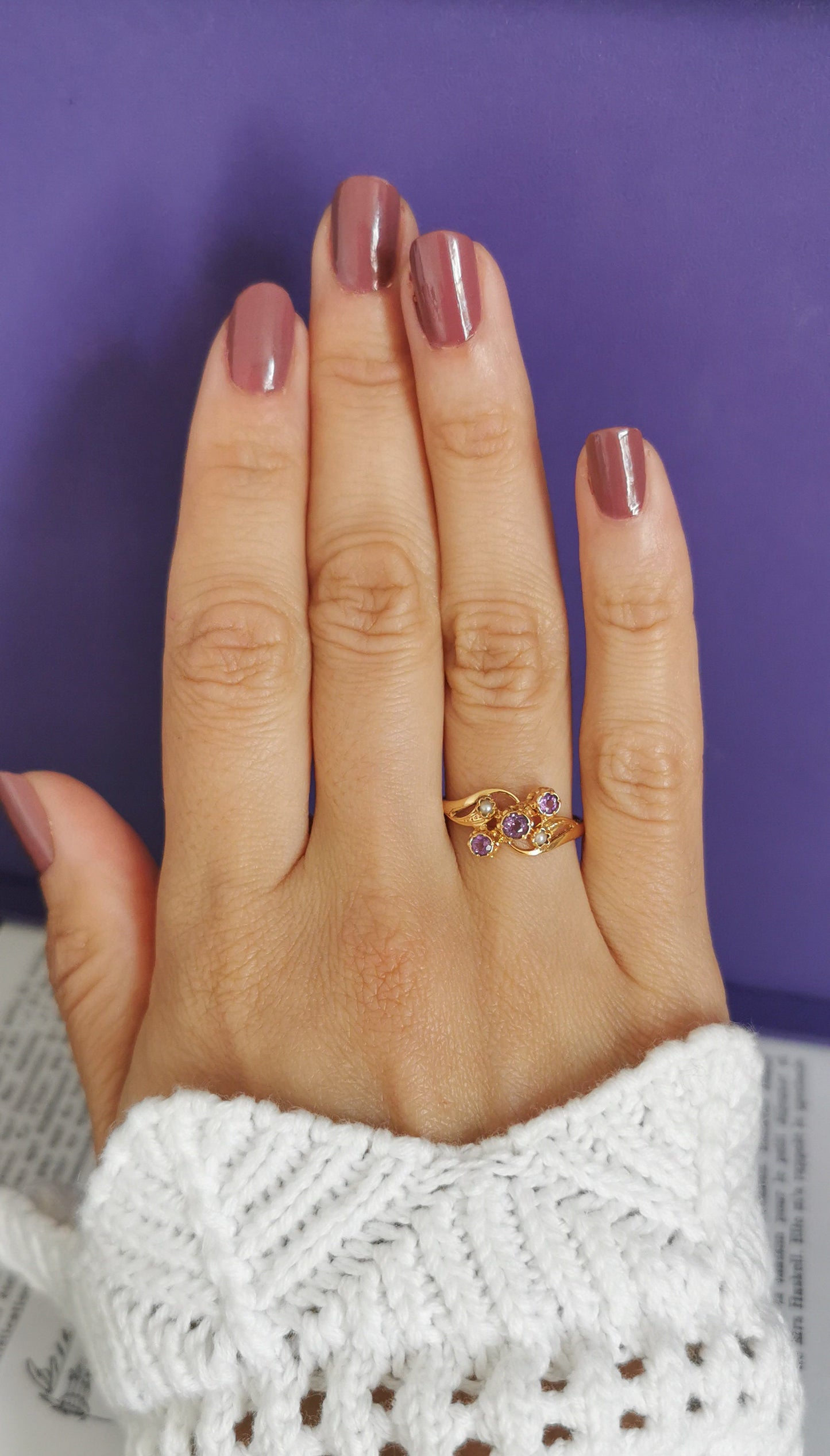 18K Gold Art Nouveau Amethyst & Pearl Ring - 1900s Antique